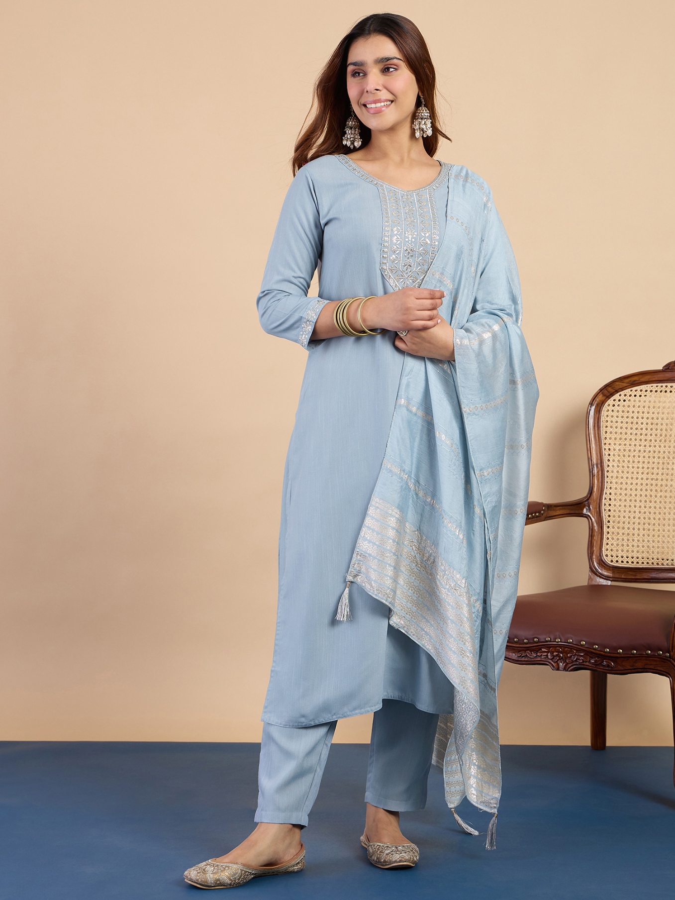 Grey Embroidered Cotton Blend Straight Pant Suit