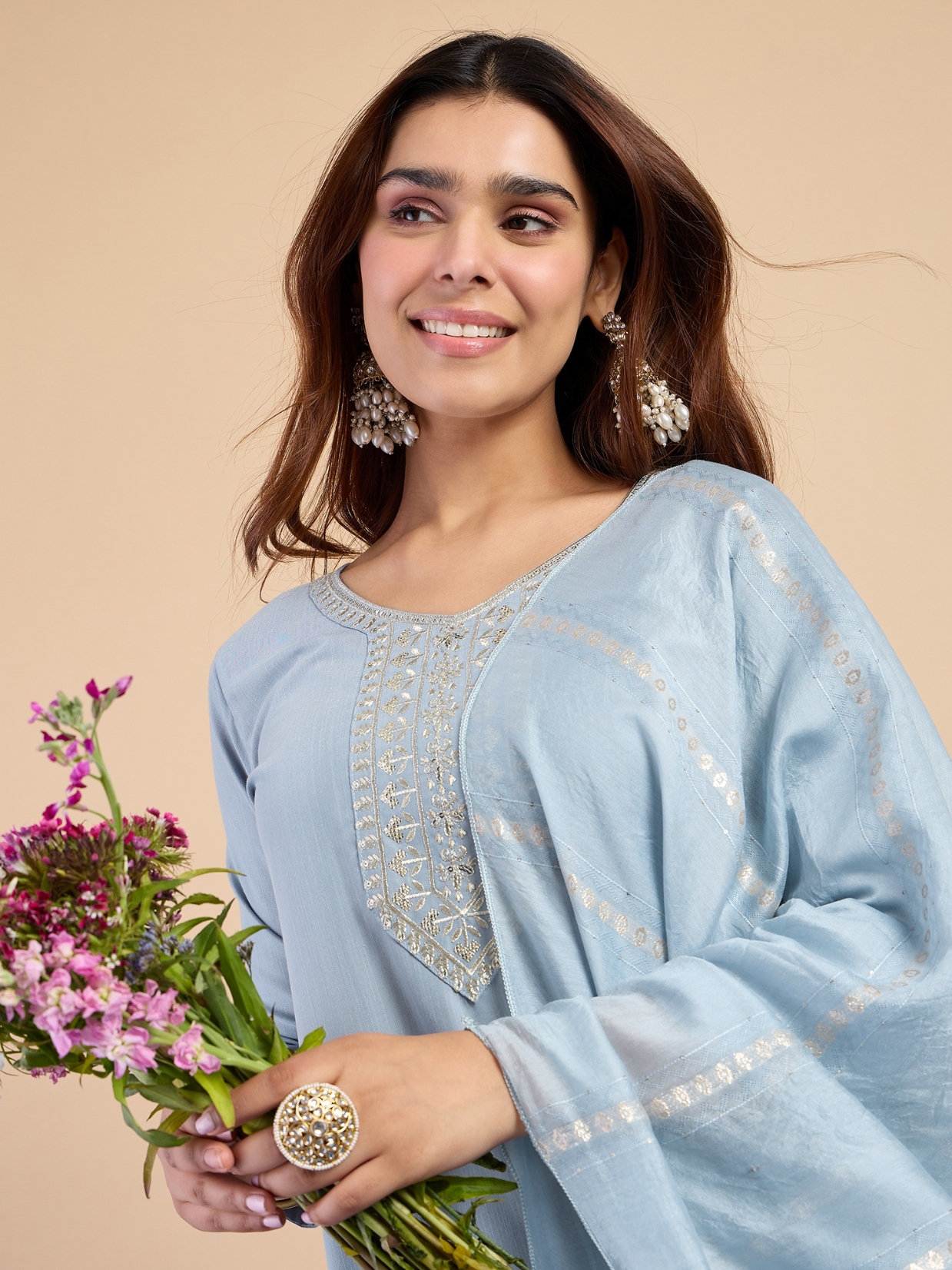 Grey Embroidered Cotton Blend Straight Pant Suit