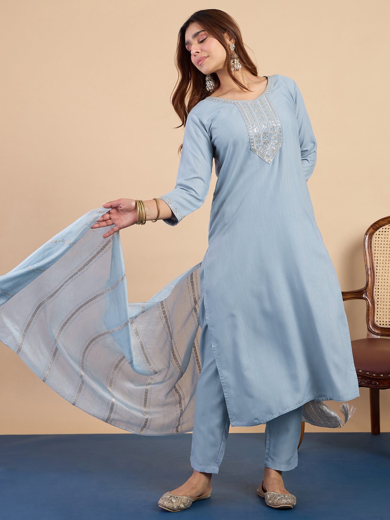 Grey Embroidered Cotton Blend Straight Pant Suit