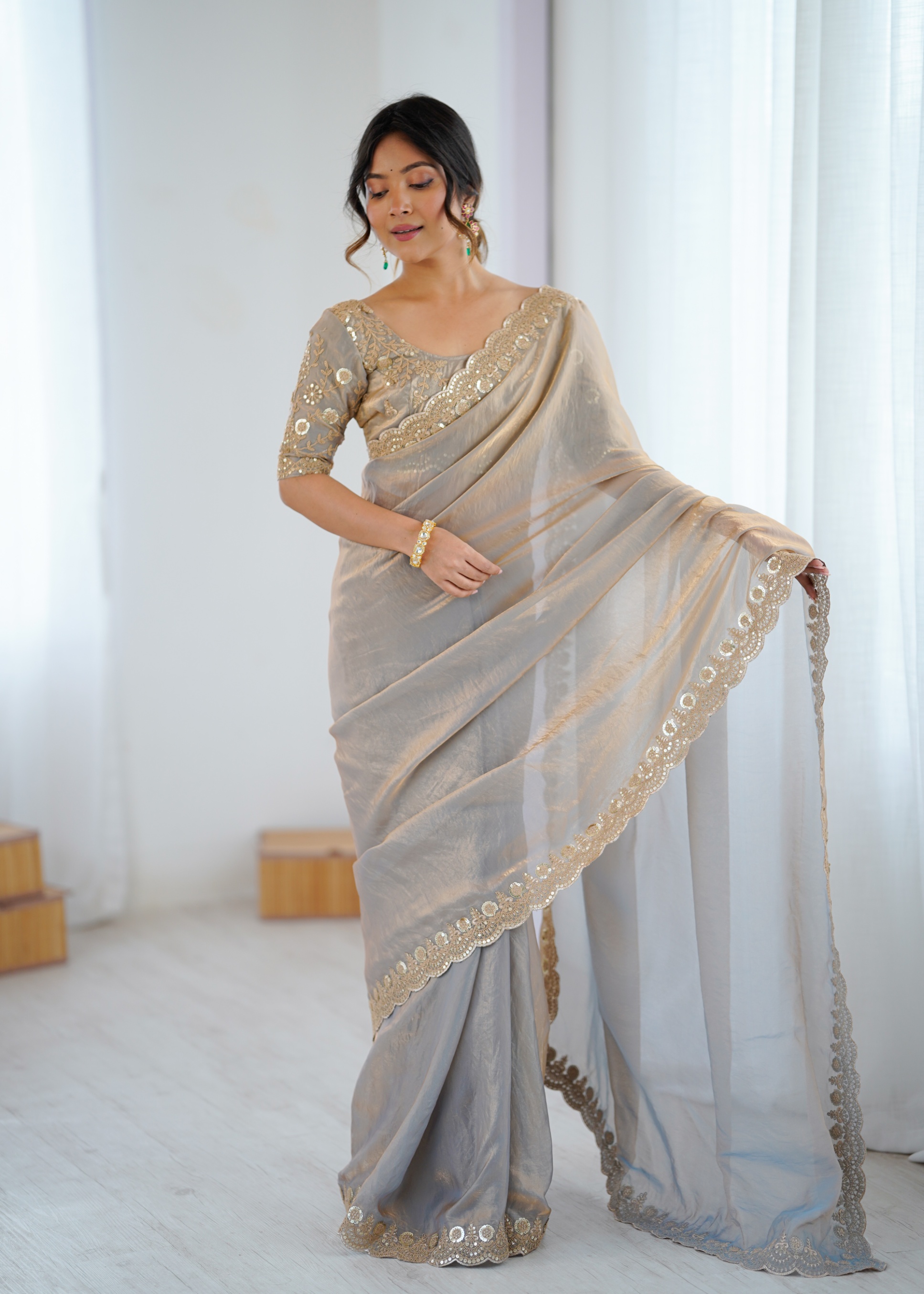 Grey Embroidered Fendy Satin Saree
