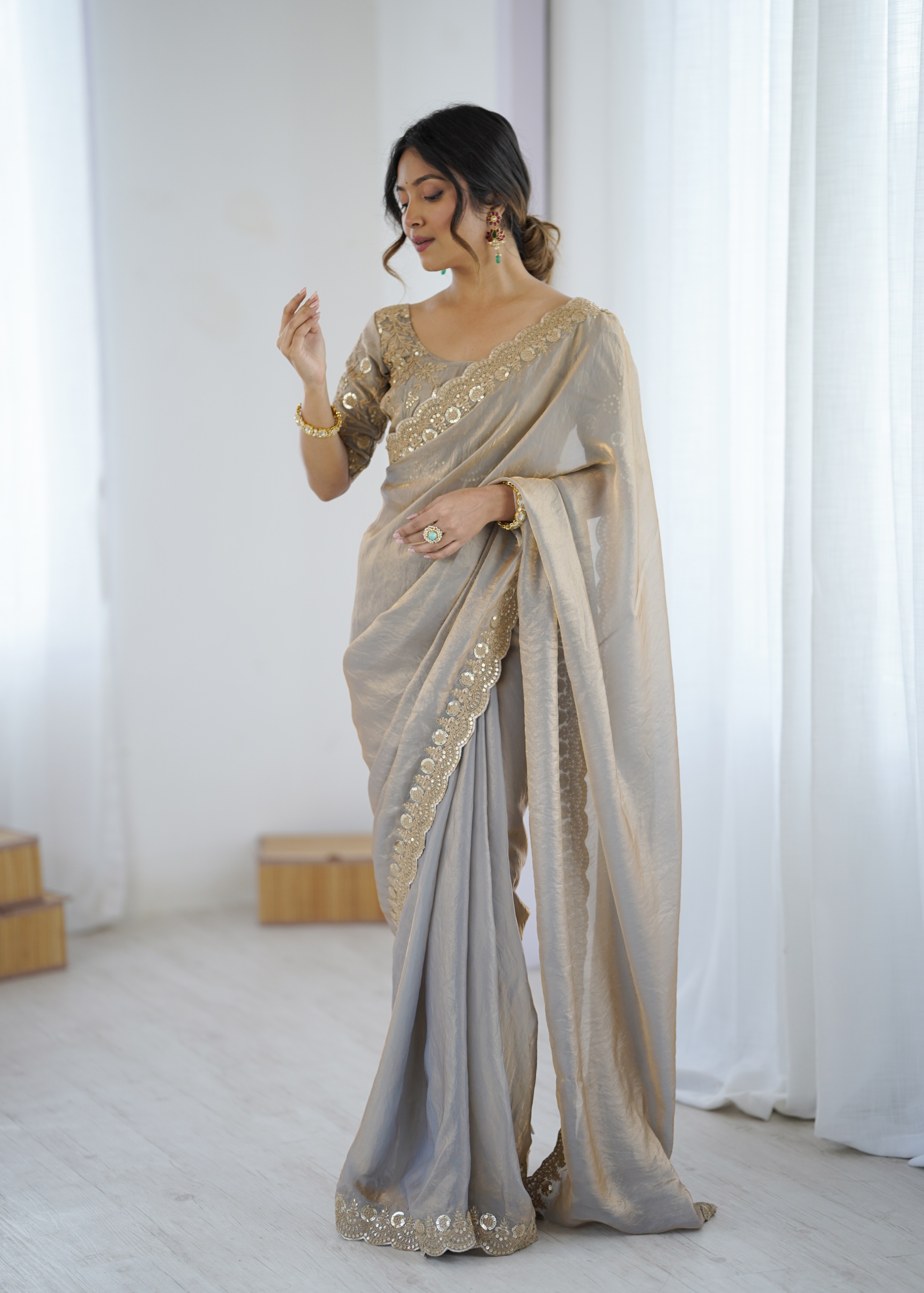 Grey Embroidered Fendy Satin Saree — alternate view