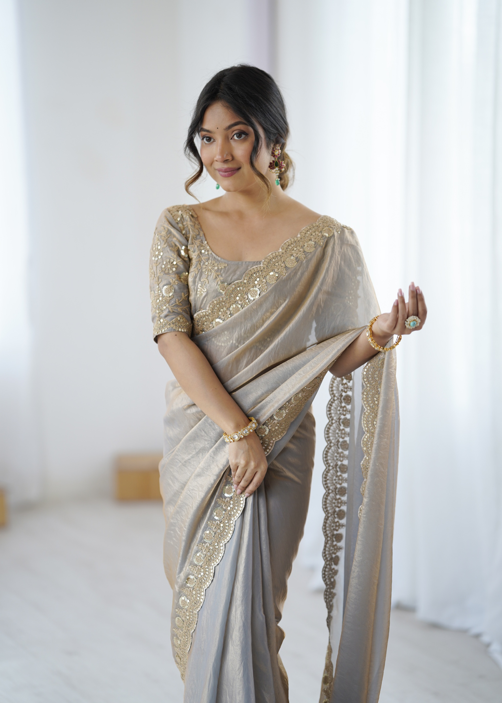 Grey Embroidered Fendy Satin Saree