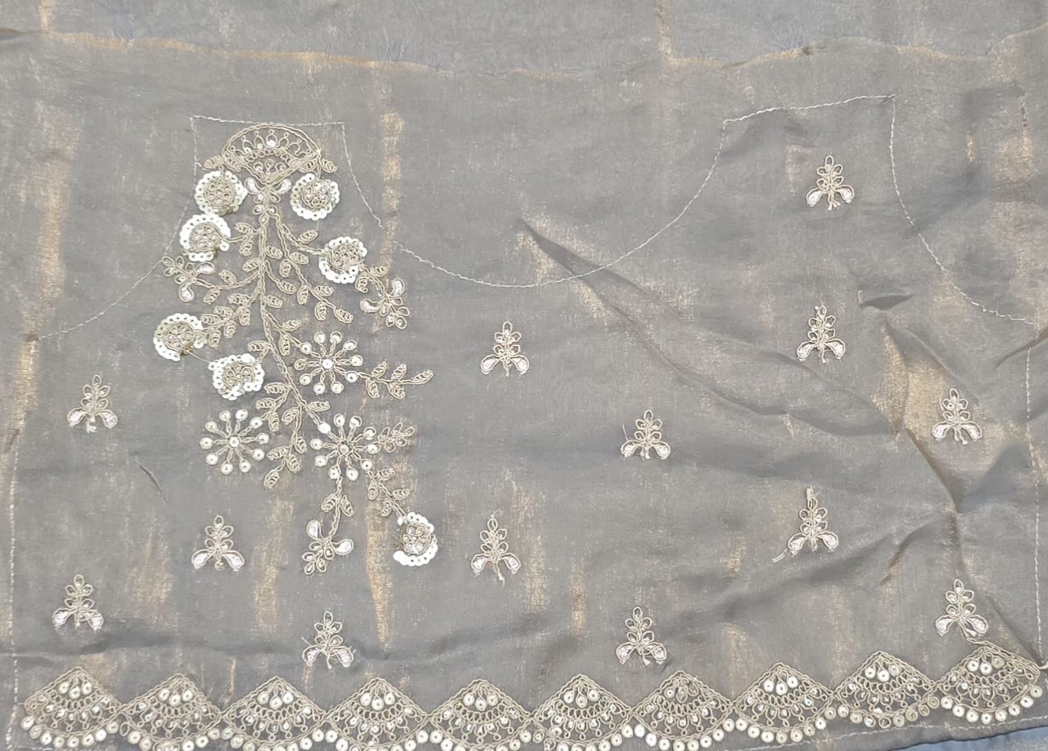 Grey Embroidered Fendy Satin Saree