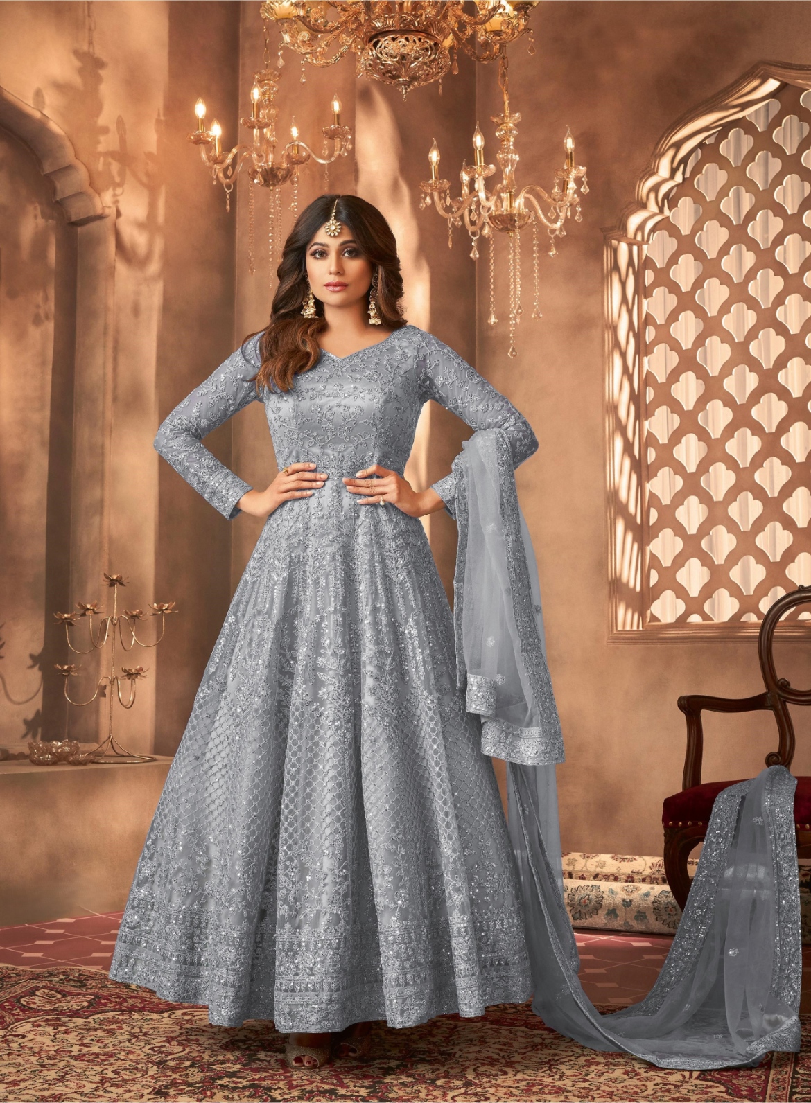 Grey Embroidered Net Anarkali Suit