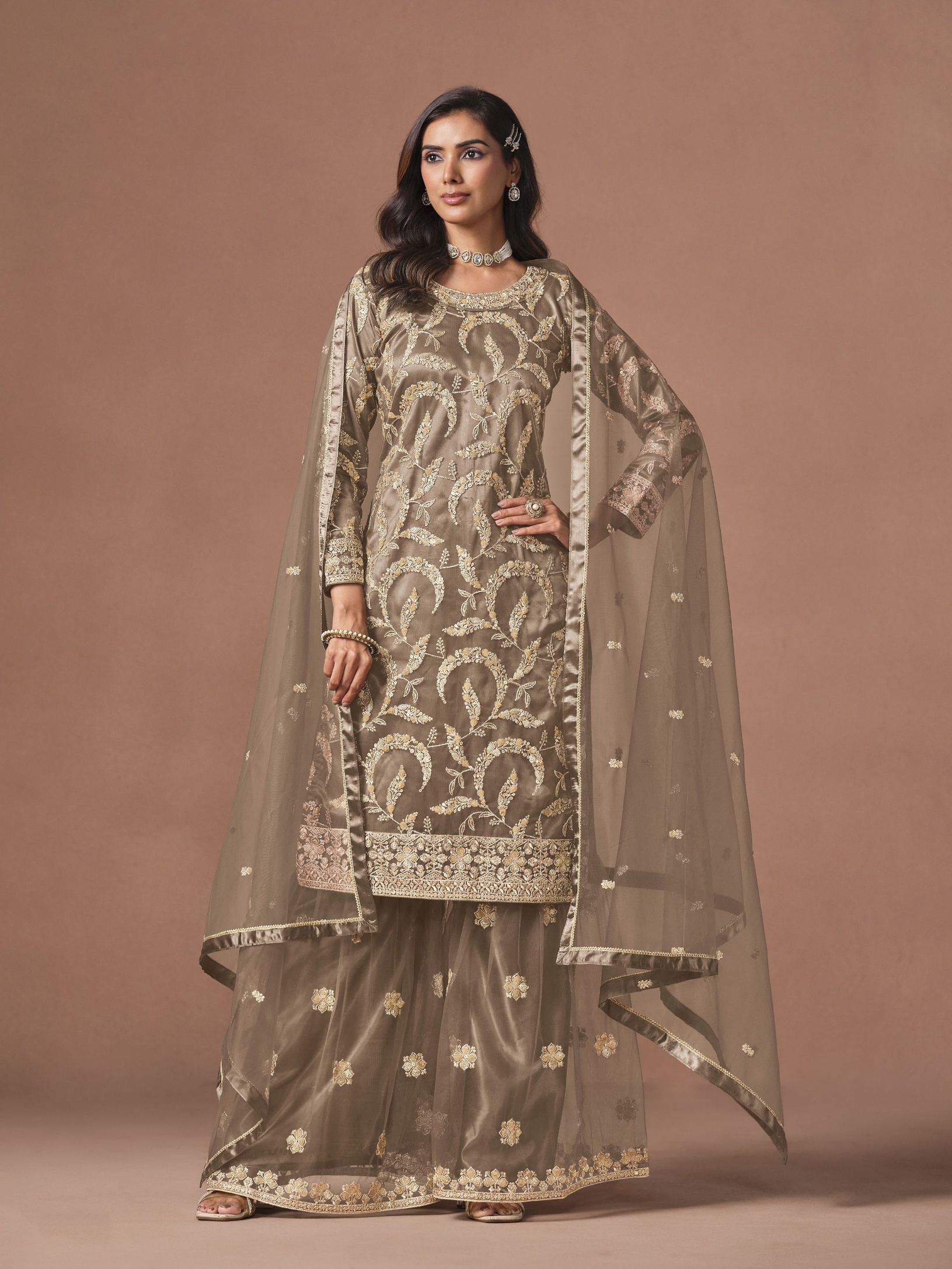 Grey Embroidered Net Palazzo Suit