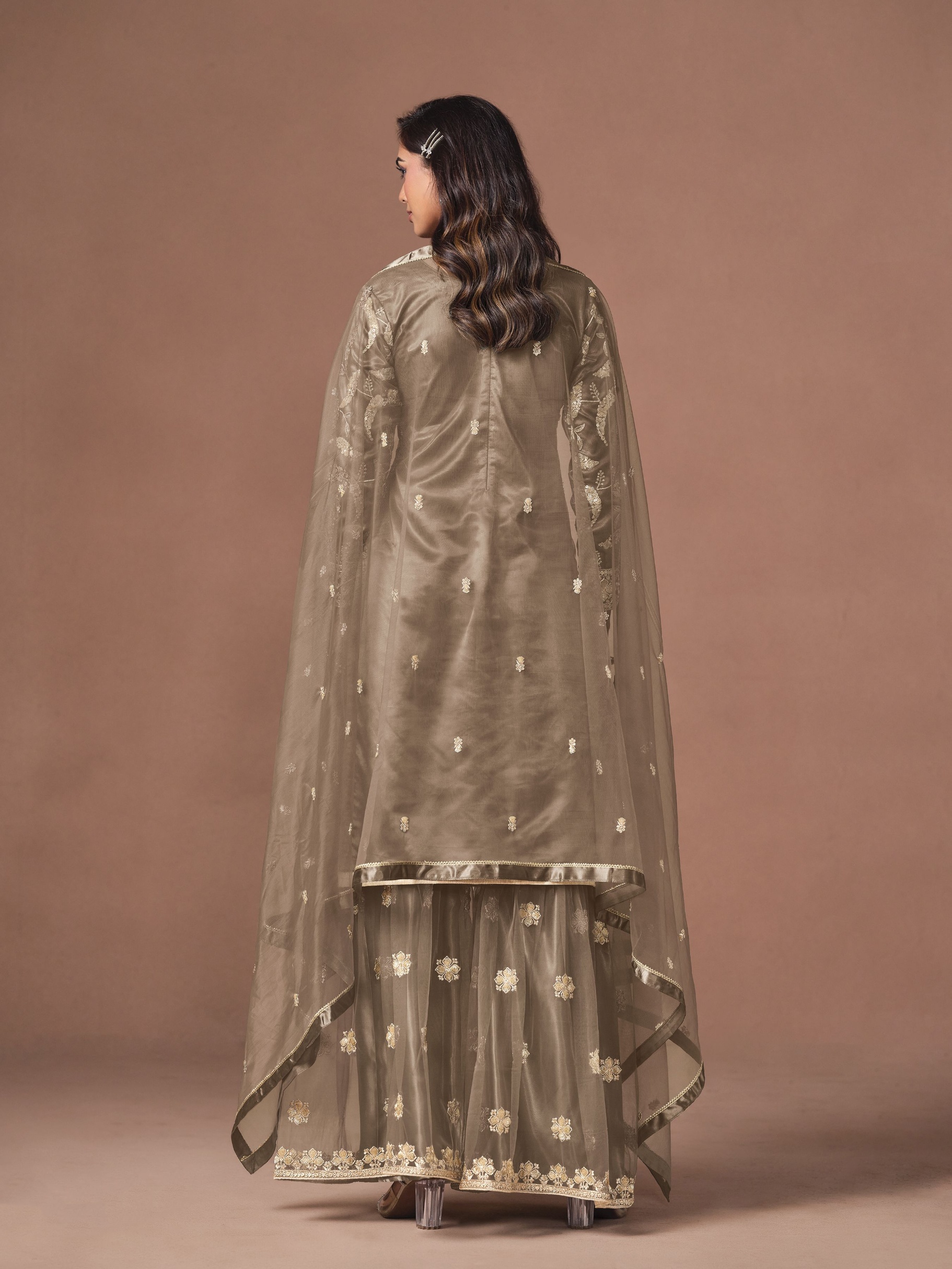Grey Embroidered Net Palazzo Suit — alternate view