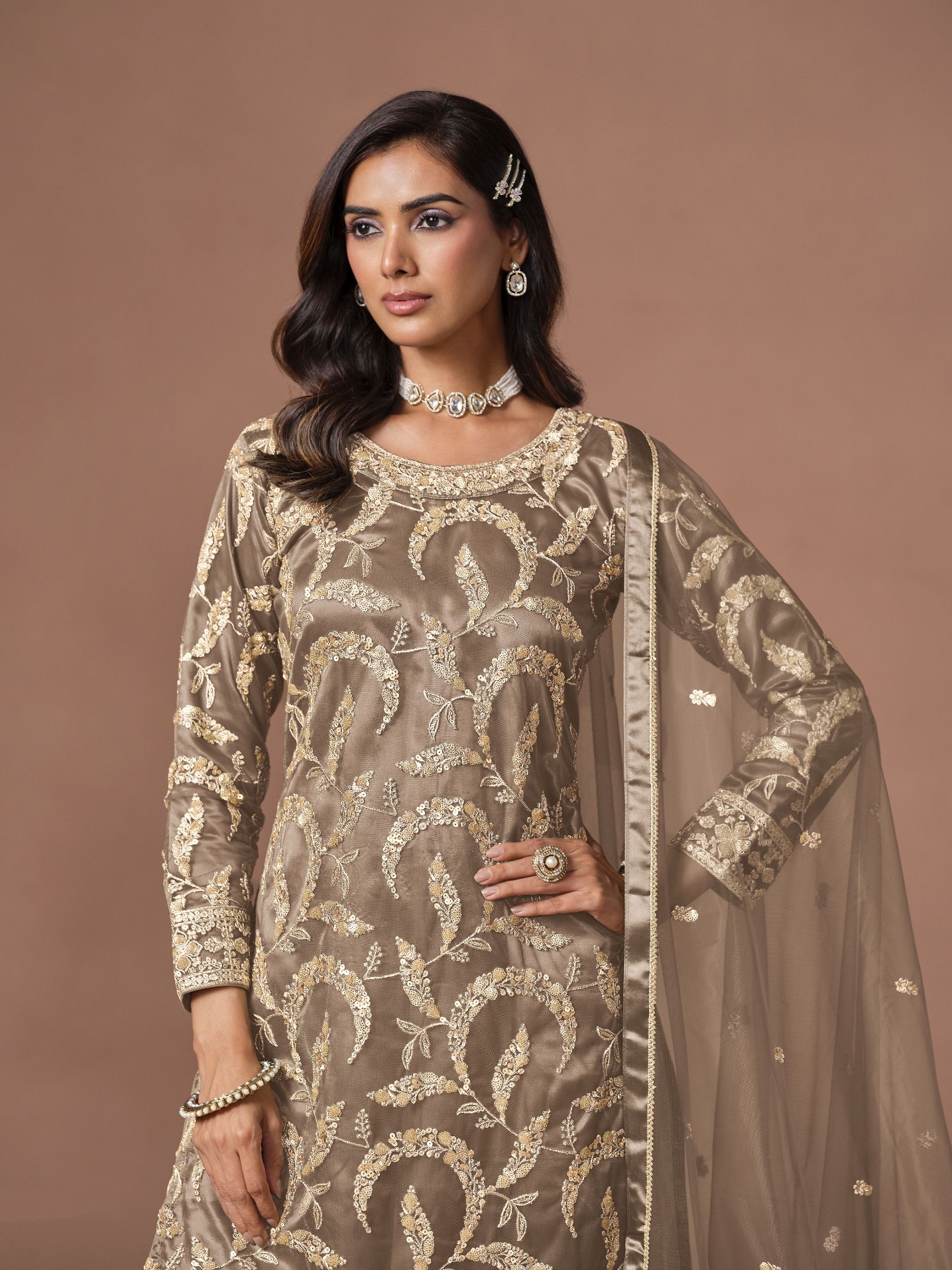 Grey Embroidered Net Palazzo Suit