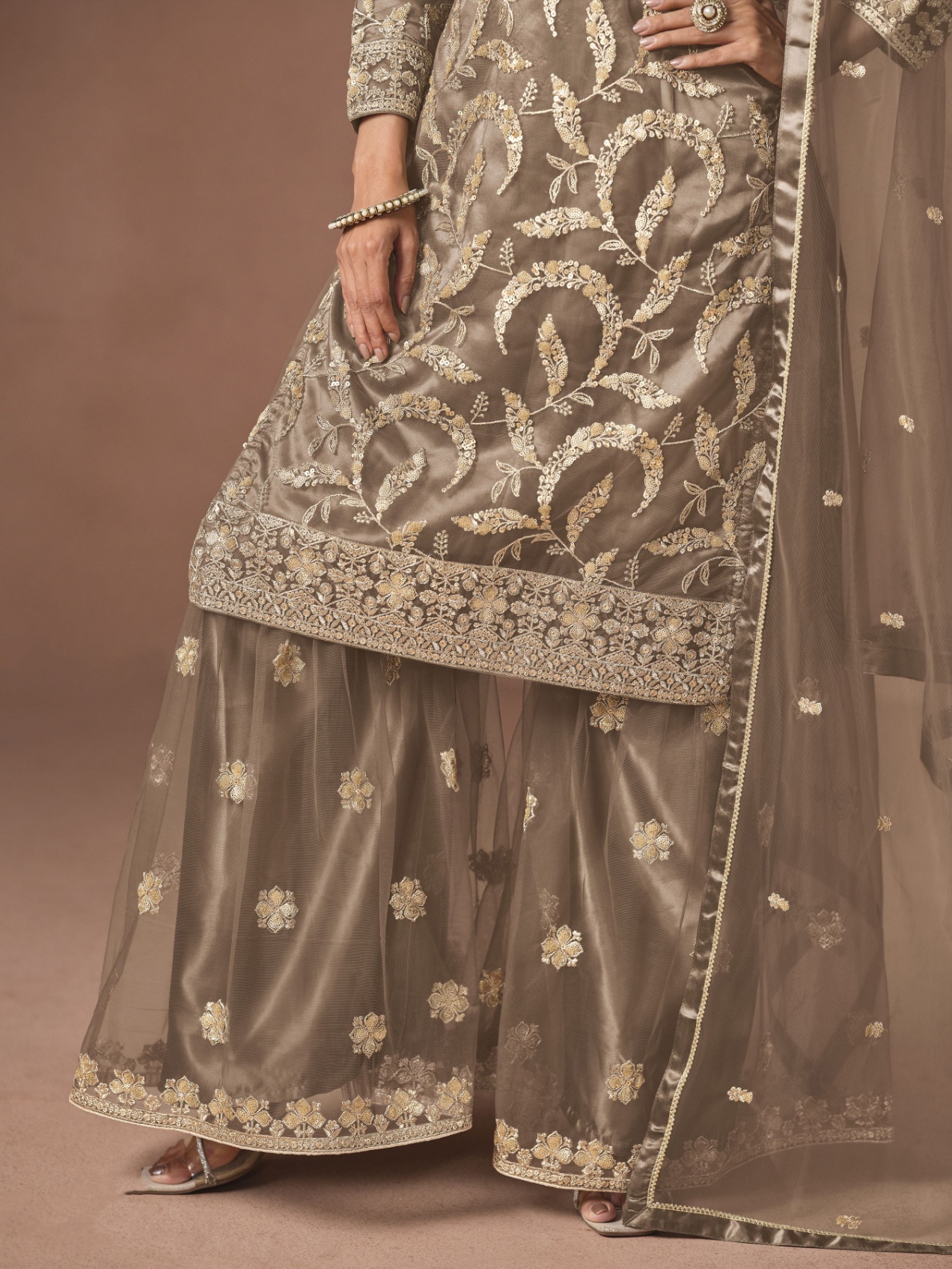 Grey Embroidered Net Palazzo Suit