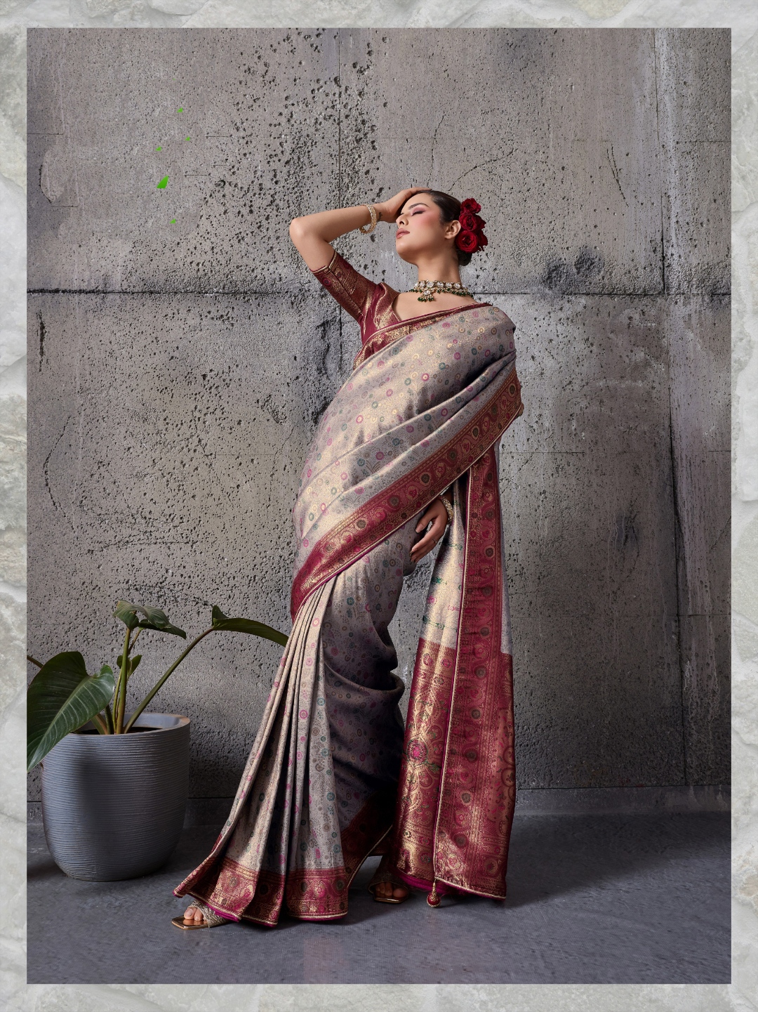 Grey Ethnic Motif Meenakari Kanjivaram Silk Saree