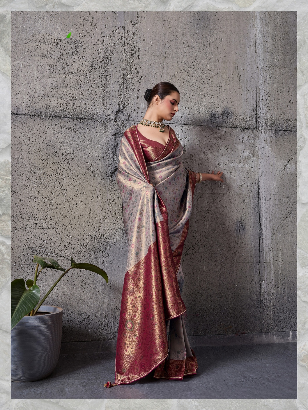 Grey Ethnic Motif Meenakari Kanjivaram Silk Saree — alternate view