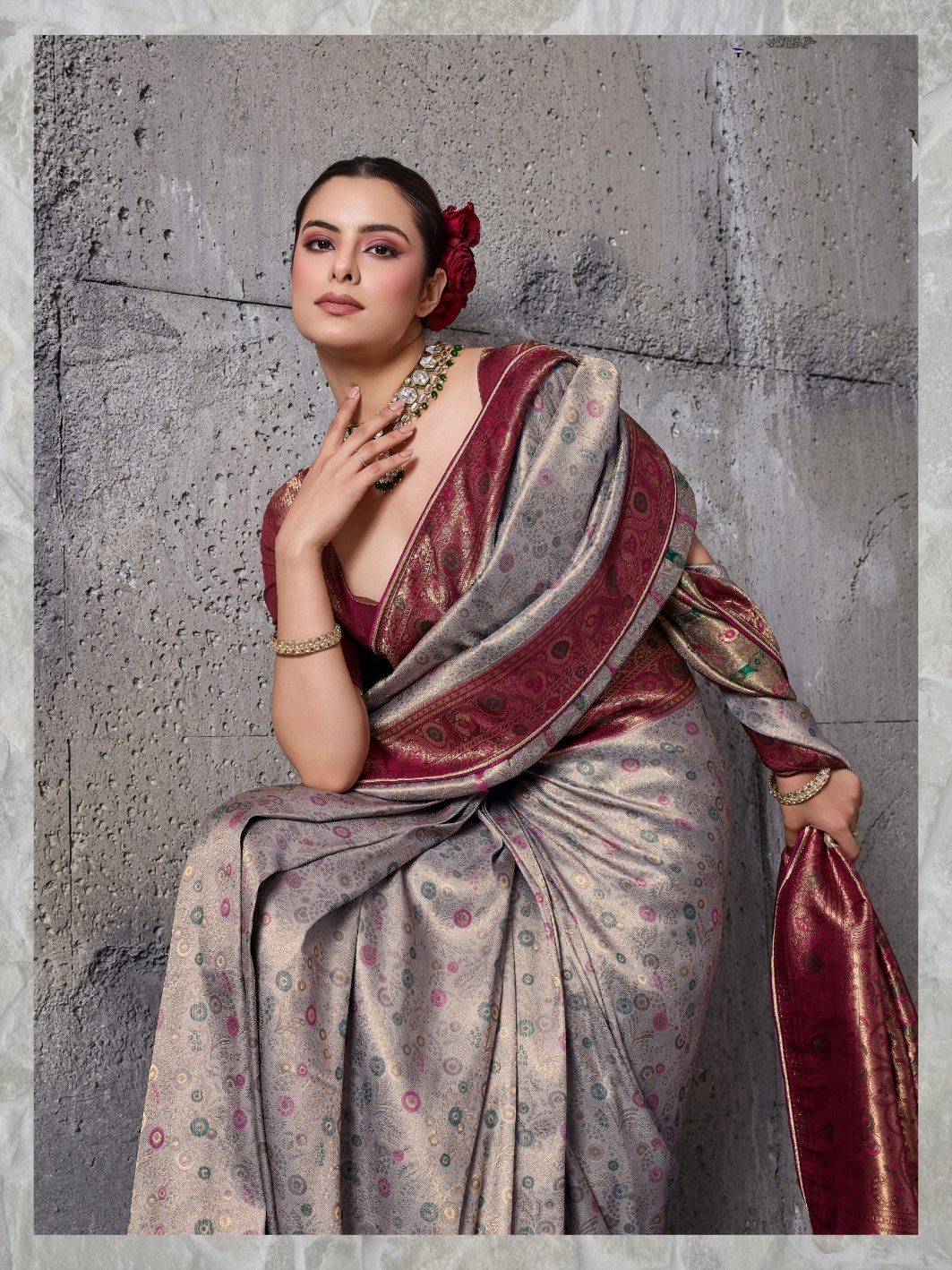 Grey Ethnic Motif Meenakari Kanjivaram Silk Saree