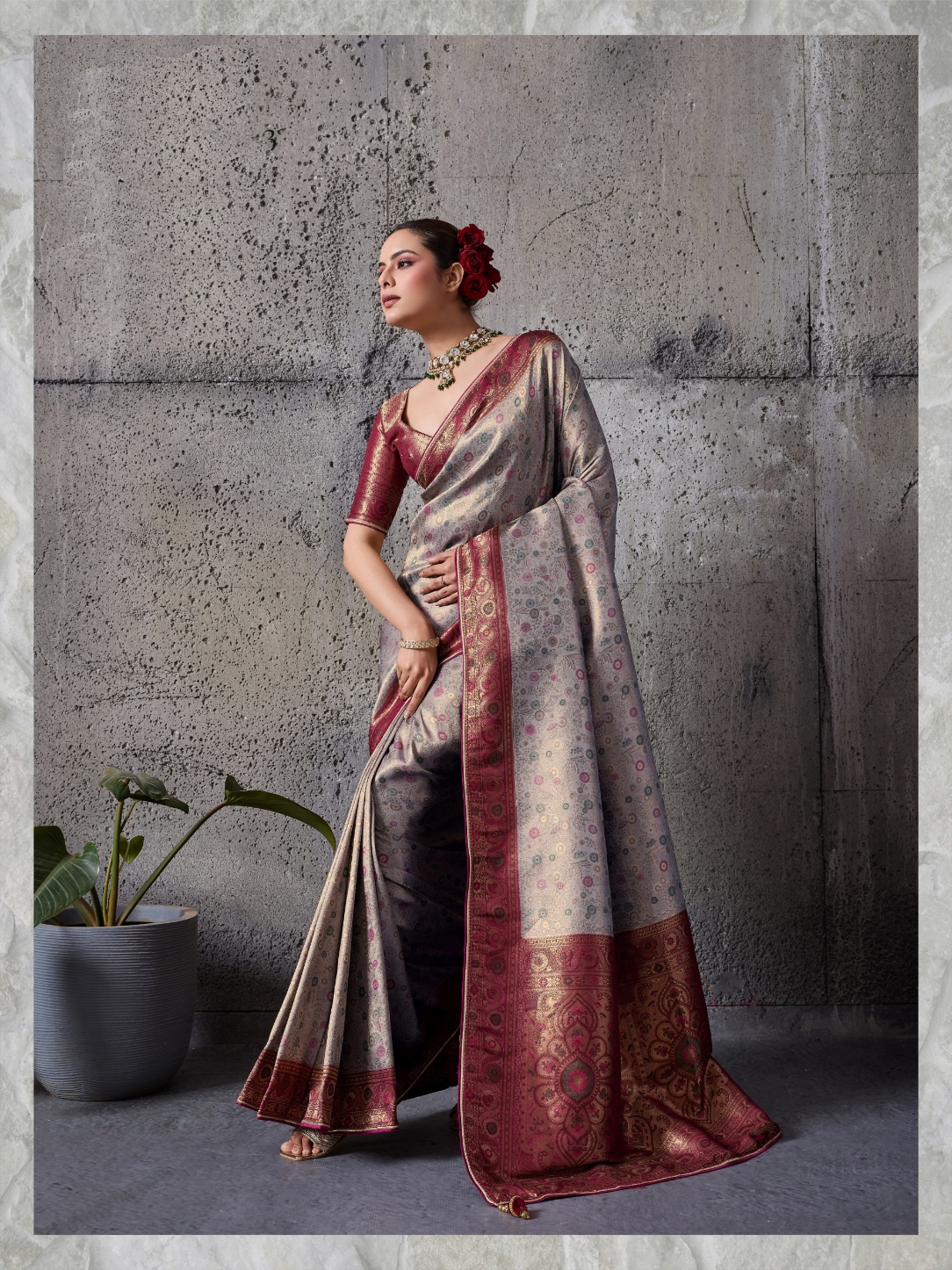 Grey Ethnic Motif Meenakari Kanjivaram Silk Saree