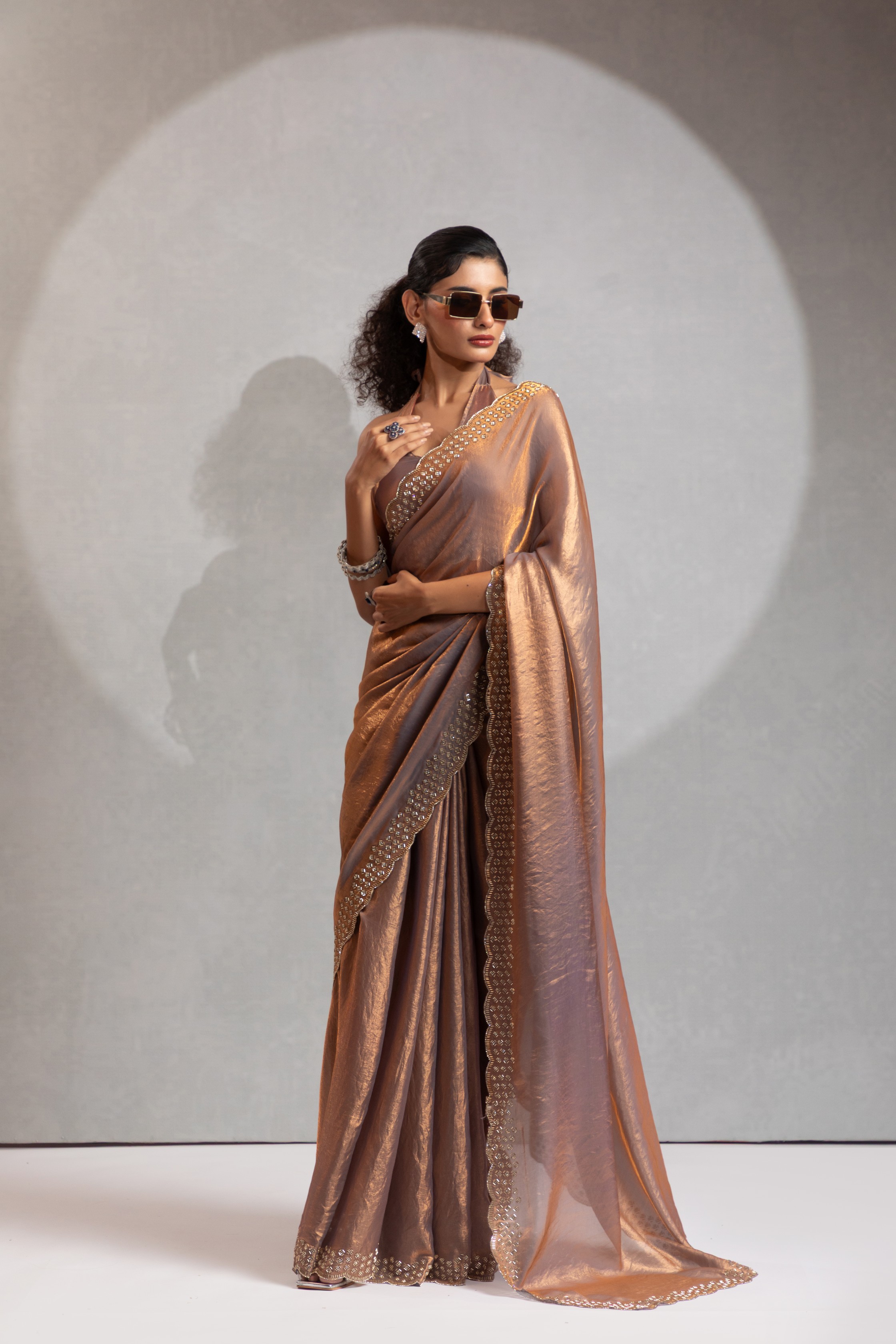 Grey Fendy Silk Two Tone Hand Embroidered Zircon Saree
