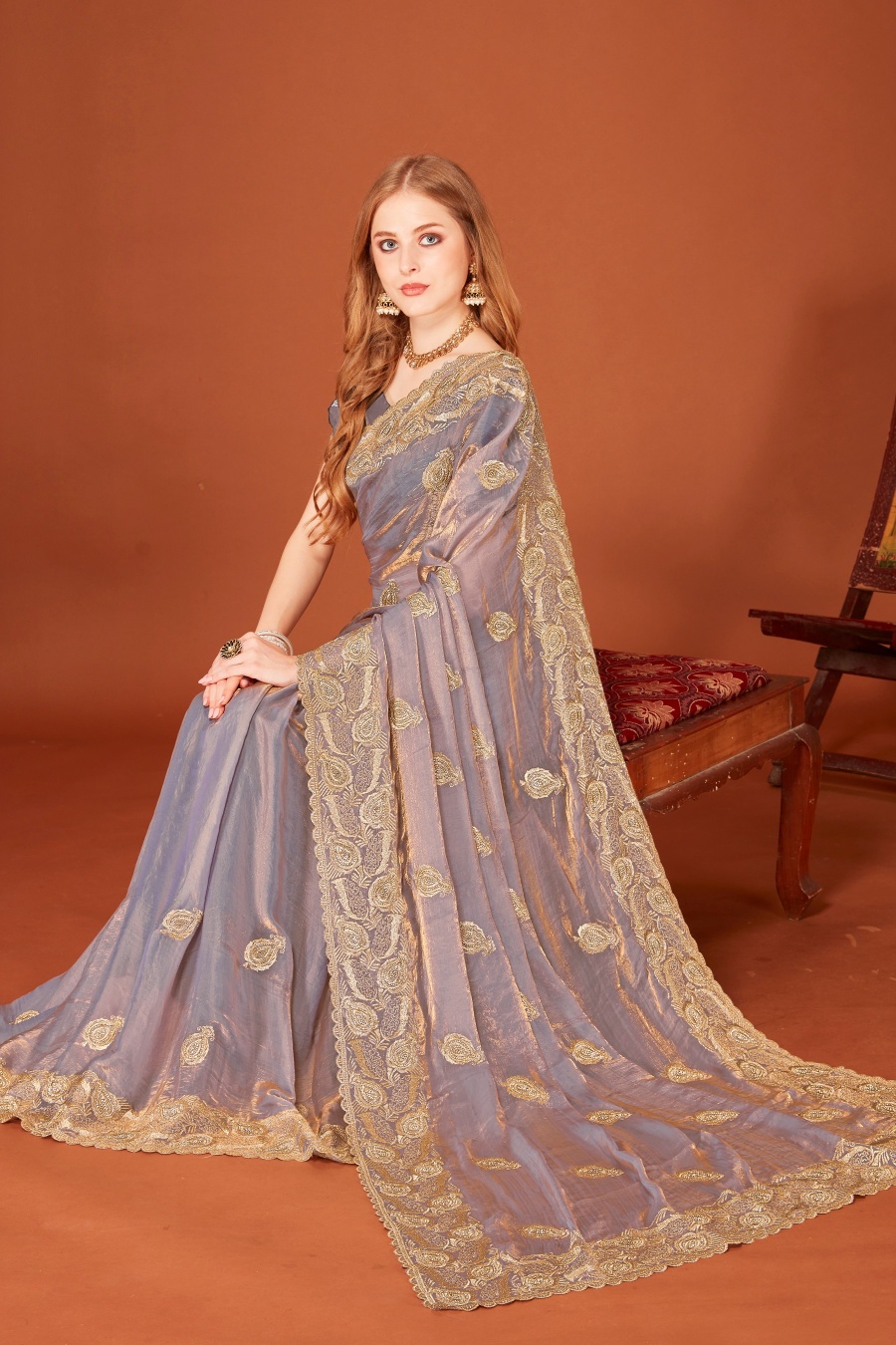 Grey Fendy Two Tone Silk Zari Embroidered Saree with Zircon Work