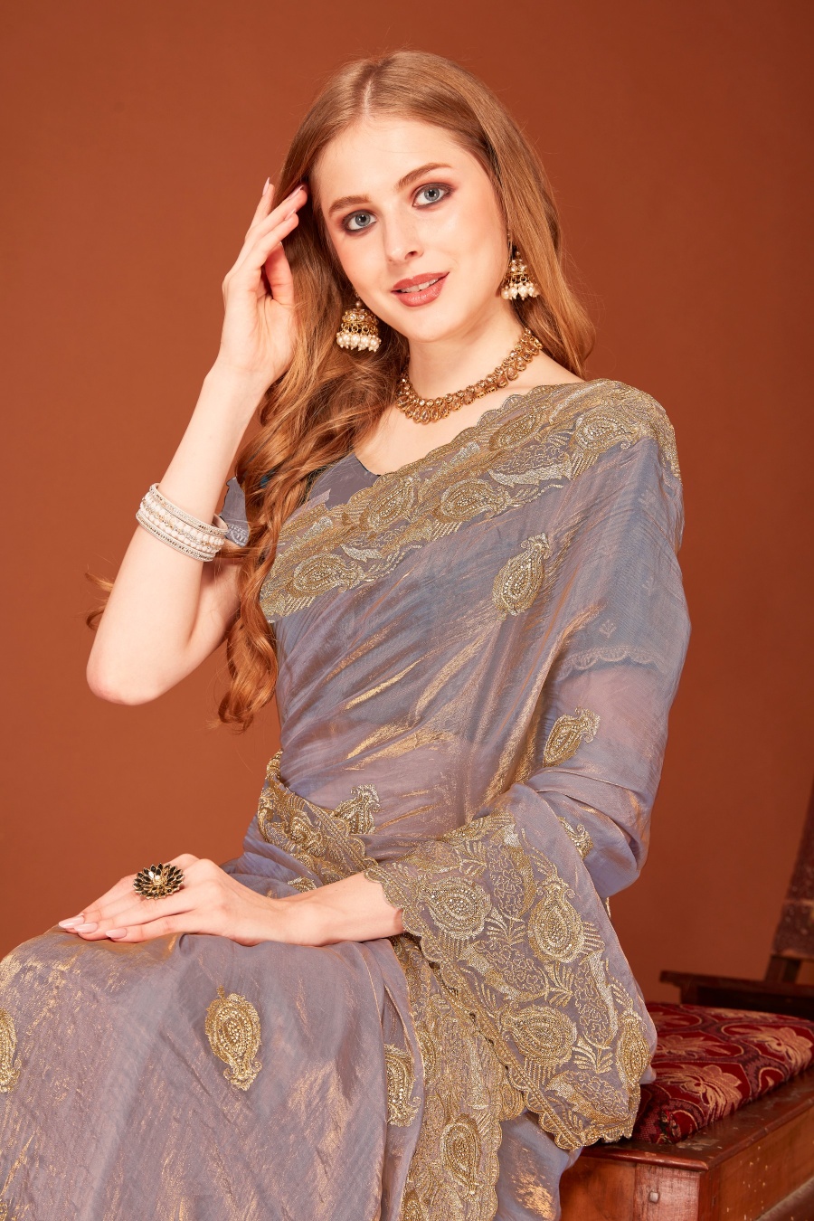 Grey Fendy Two Tone Silk Zari Embroidered Saree with Zircon Work — alternate view