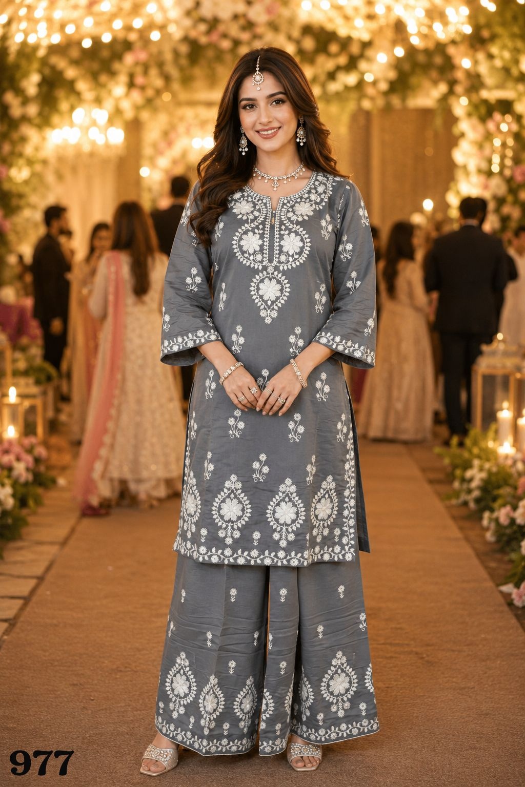 Grey Floral Chikankari Chanderi Palazzo Suit
