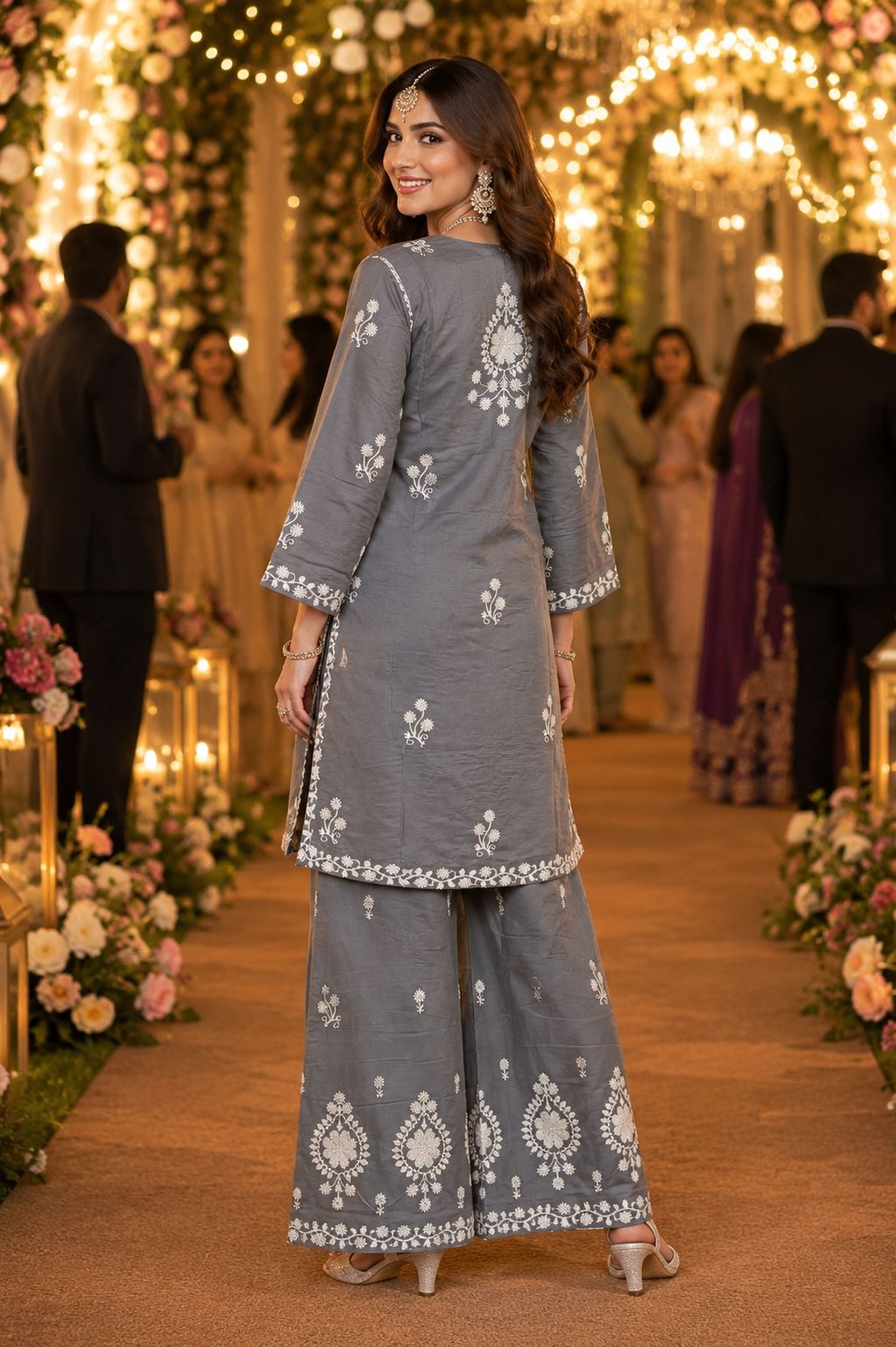 Grey Floral Chikankari Chanderi Palazzo Suit — alternate view