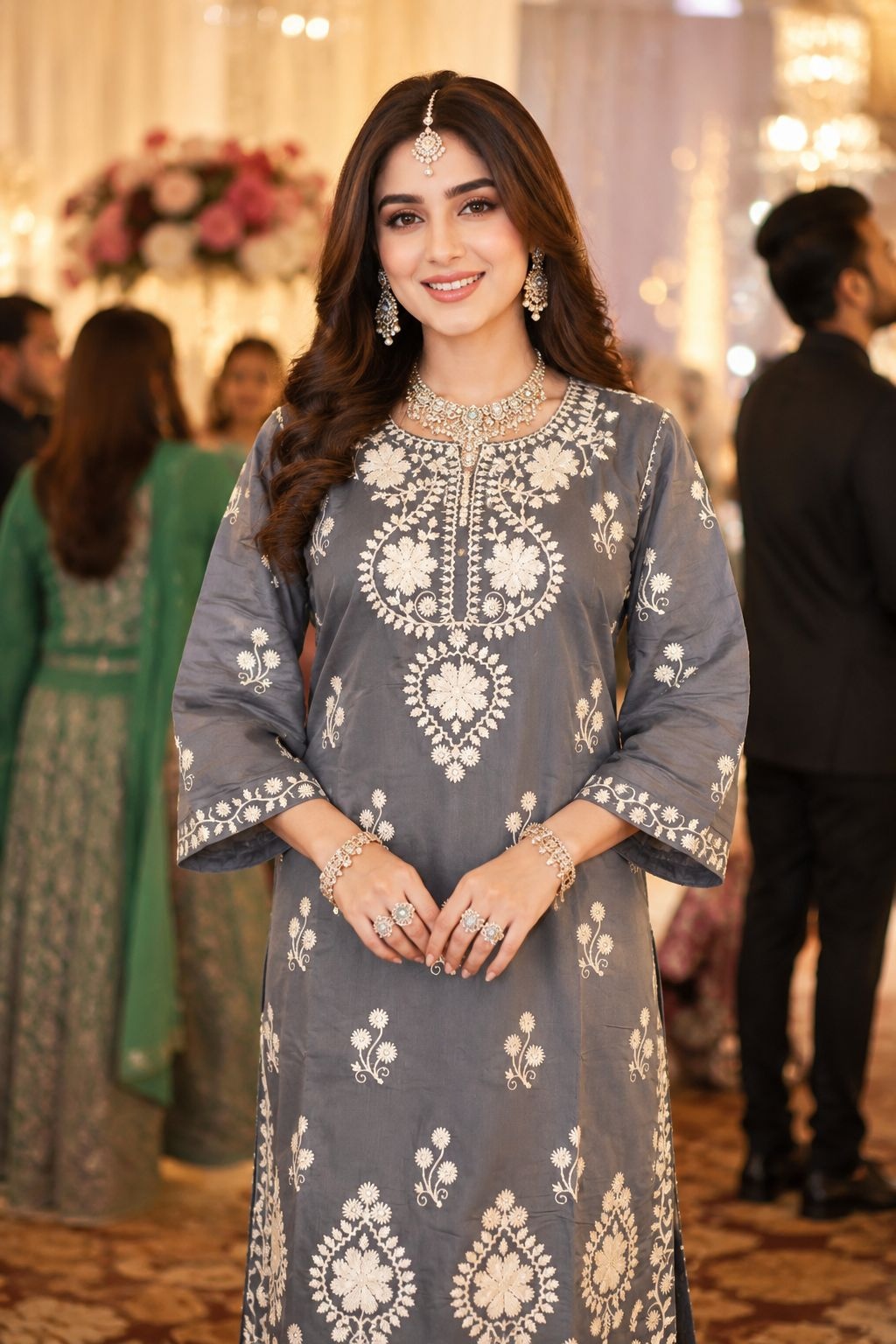 Grey Floral Chikankari Chanderi Palazzo Suit