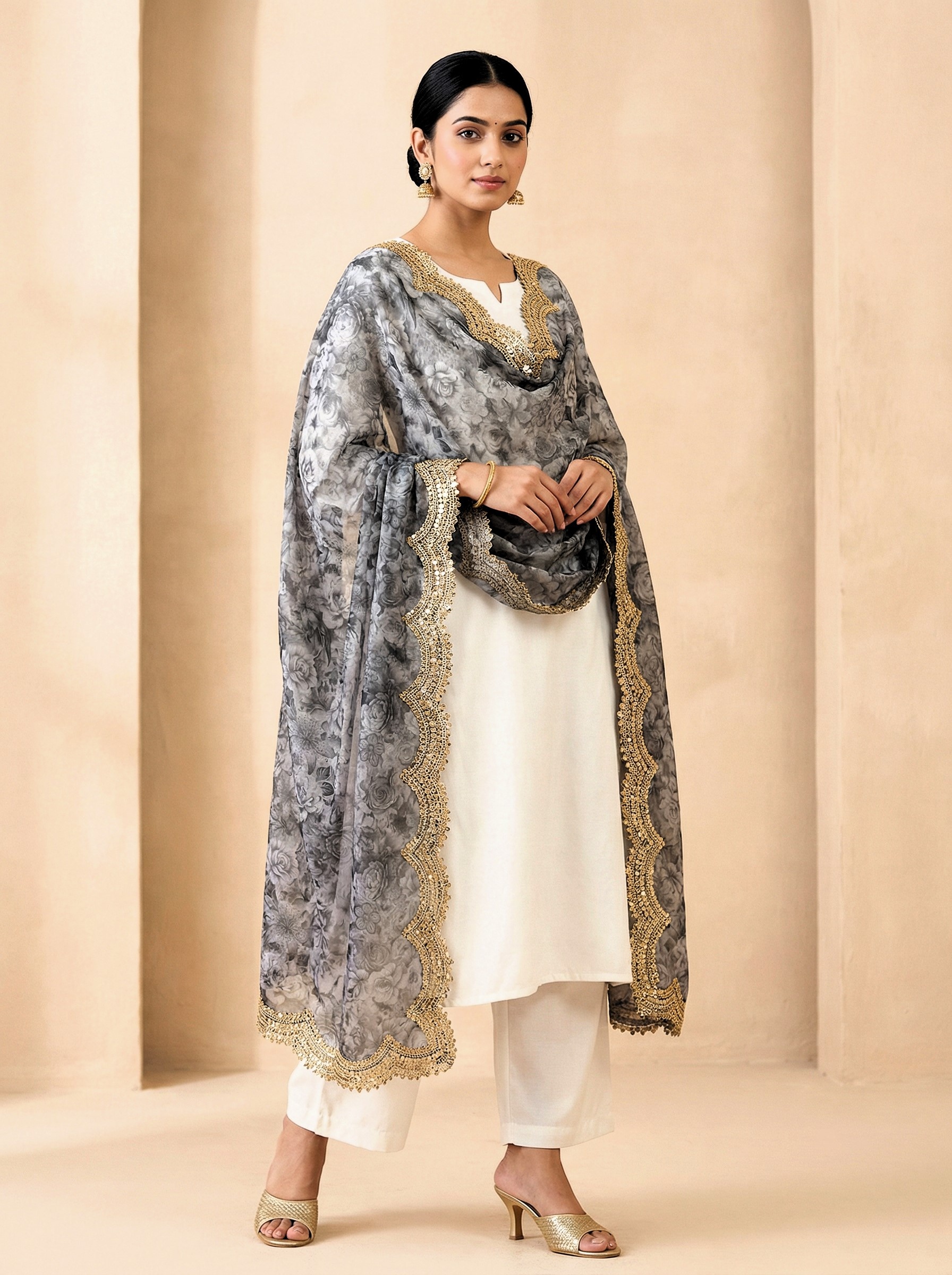 Grey Floral Digital Print Jimmy Choo Dupatta