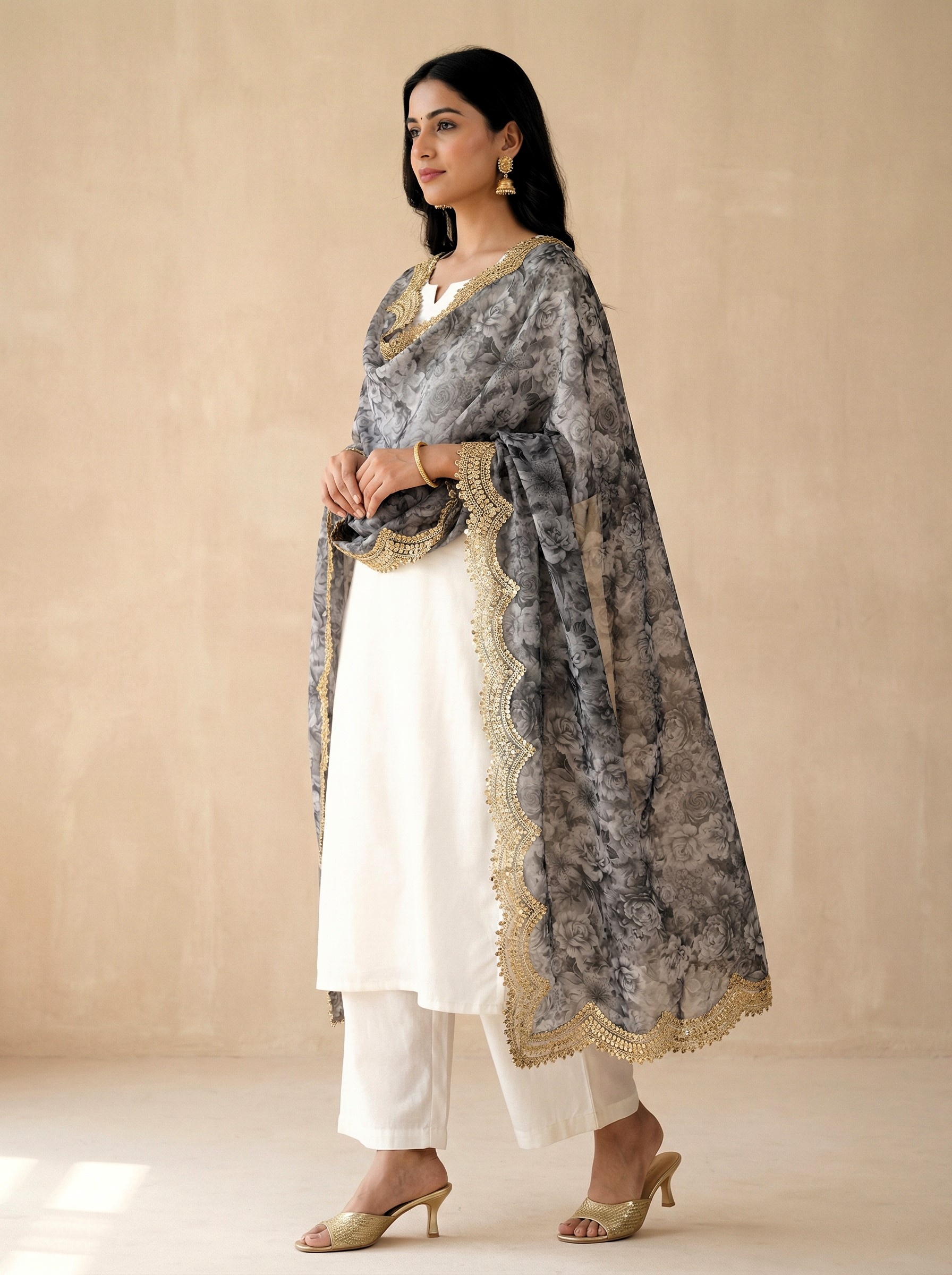 Grey Floral Digital Print Jimmy Choo Dupatta — alternate view