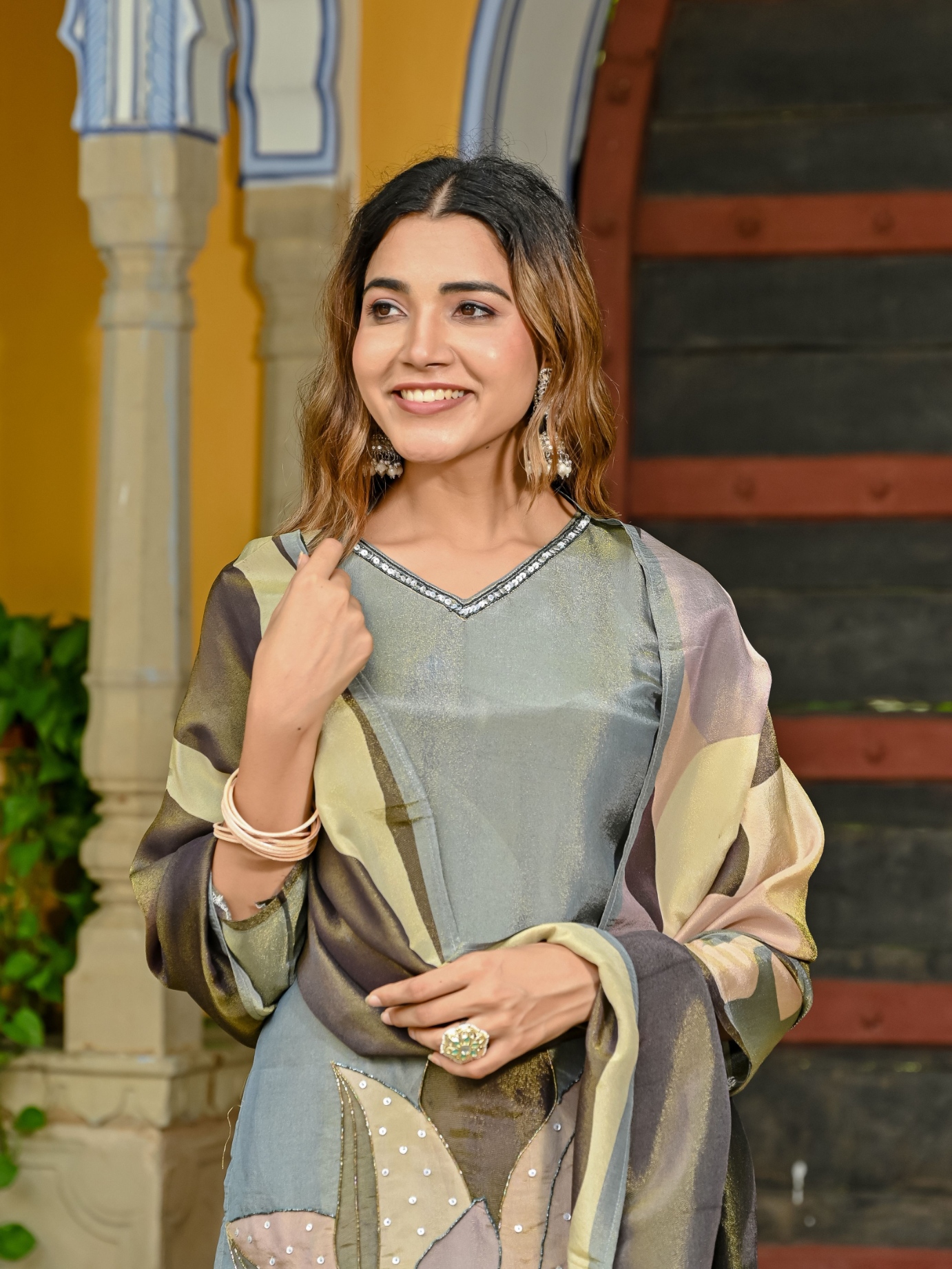 Grey Floral Digital Print Viscose Silk Salwar Suit