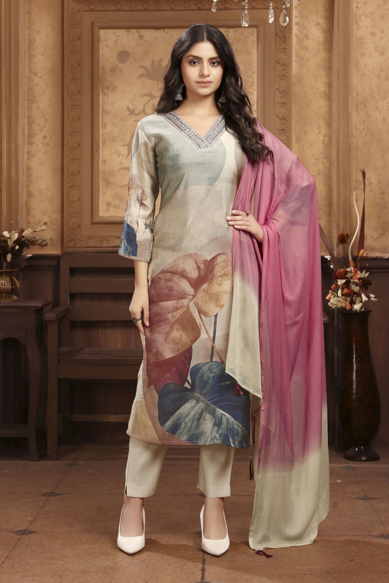 Grey Floral Embroidered Chanderi Straight Suit