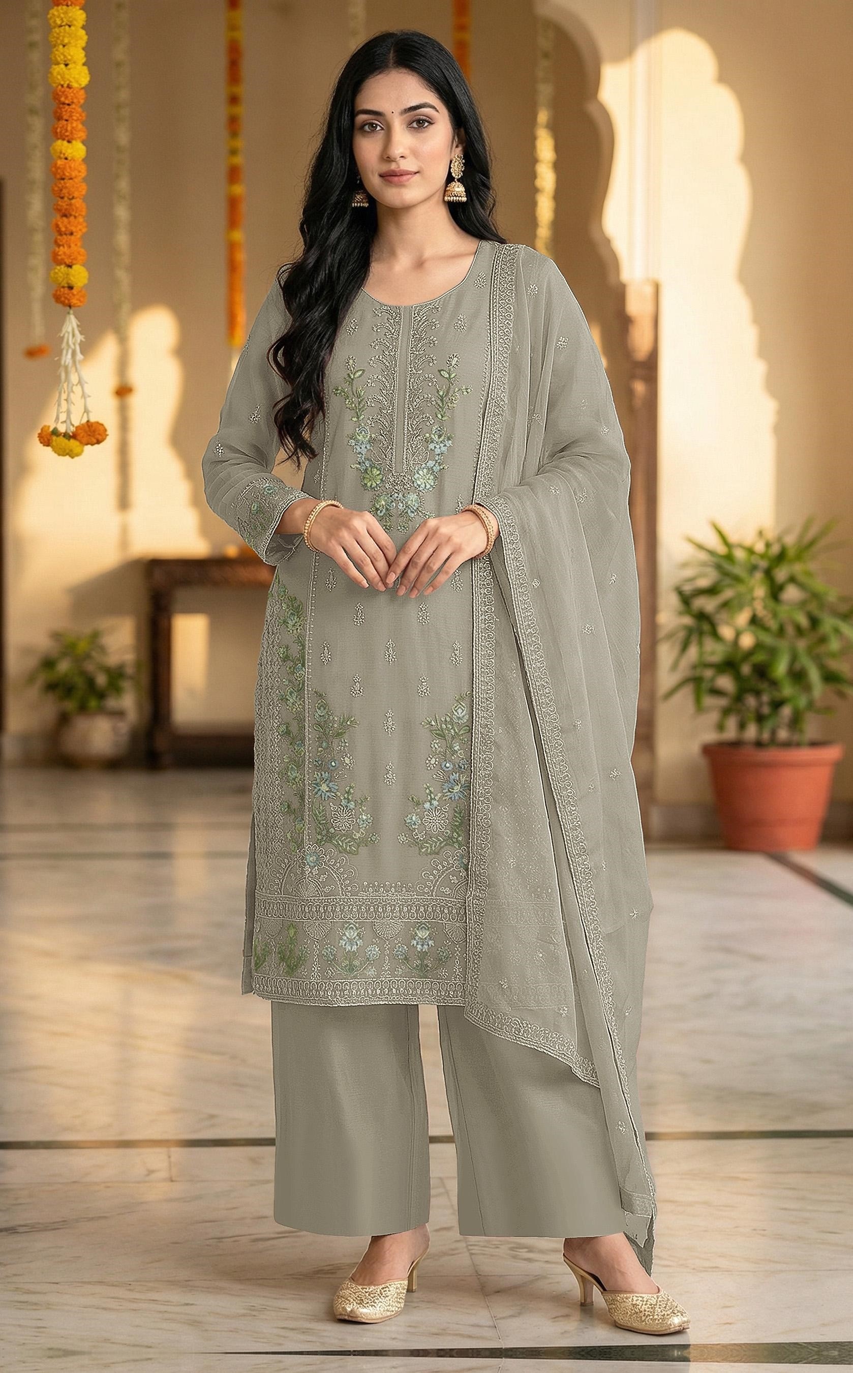 Grey Floral Embroidered Chiffon Salwar Suit