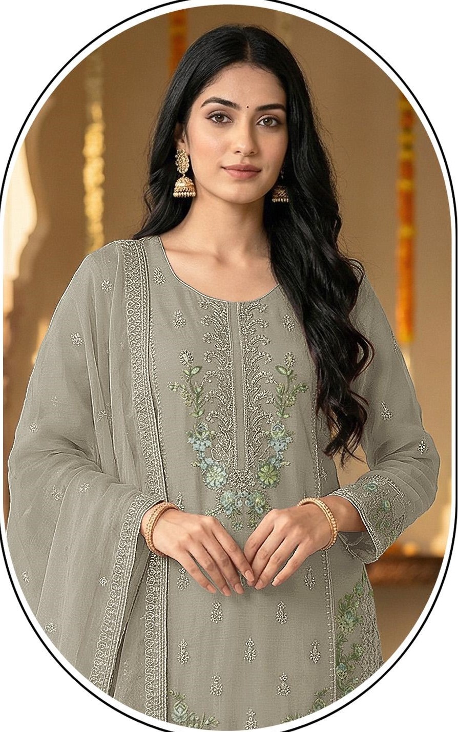 Grey Floral Embroidered Chiffon Salwar Suit — alternate view