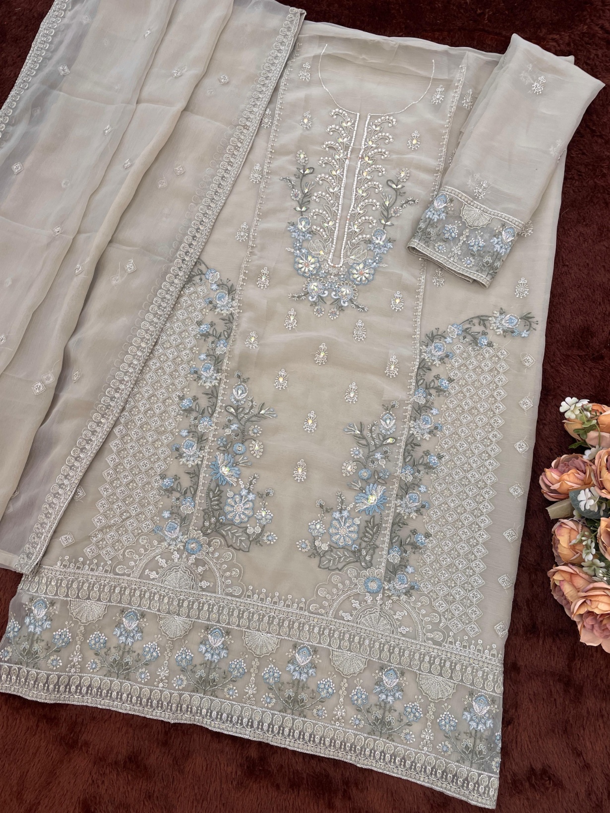 Grey Floral Embroidered Chiffon Salwar Suit