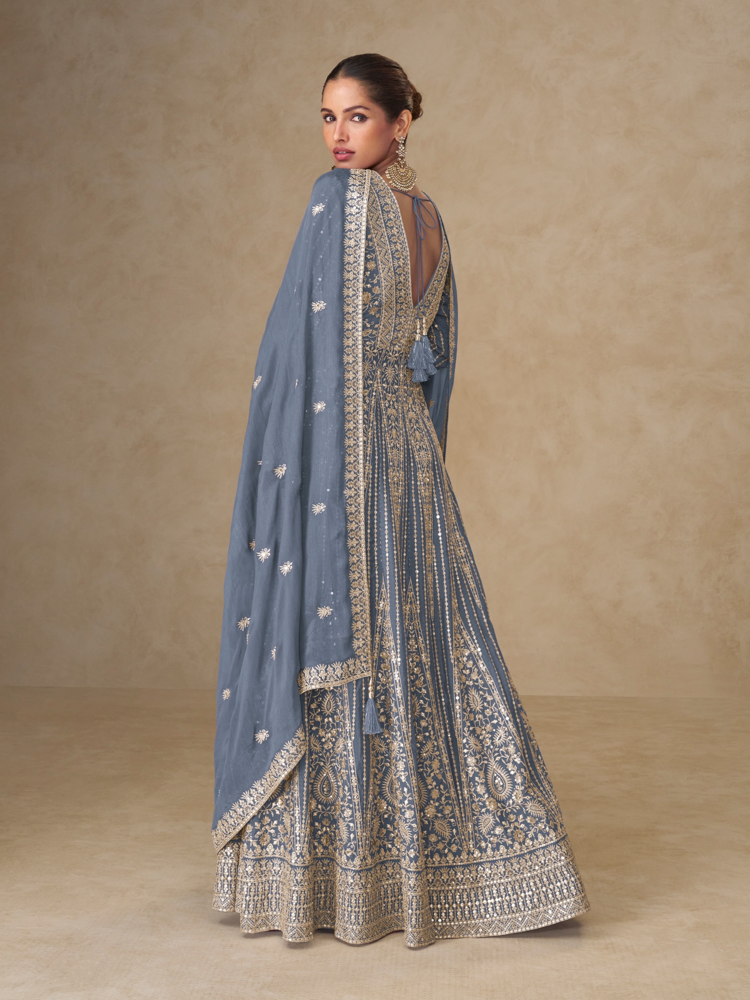 Grey Floral Embroidered Chinon Anarkali Suit — alternate view