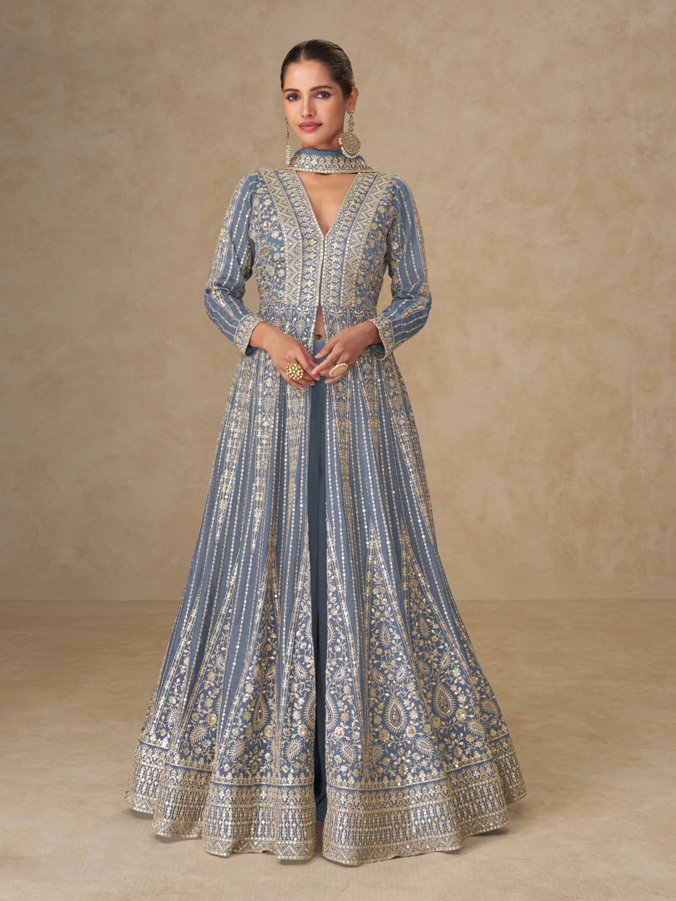 Grey Floral Embroidered Chinon Anarkali Suit