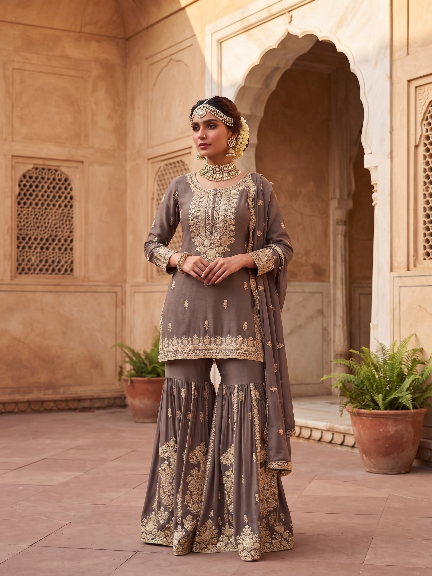 Grey Floral Embroidered Chinon Sharara Suit