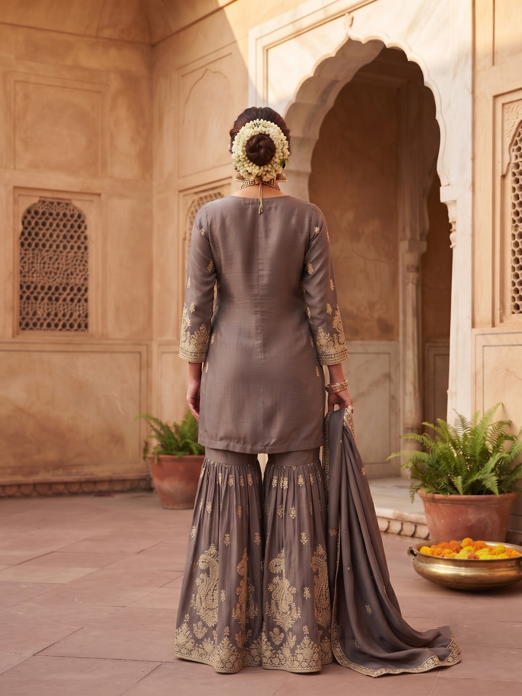 Grey Floral Embroidered Chinon Sharara Suit — alternate view