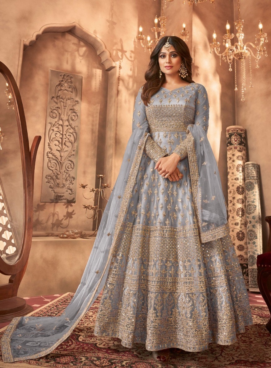 Grey Floral Embroidered Net Anarkali Suit