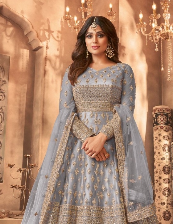 Grey Floral Embroidered Net Anarkali Suit — alternate view