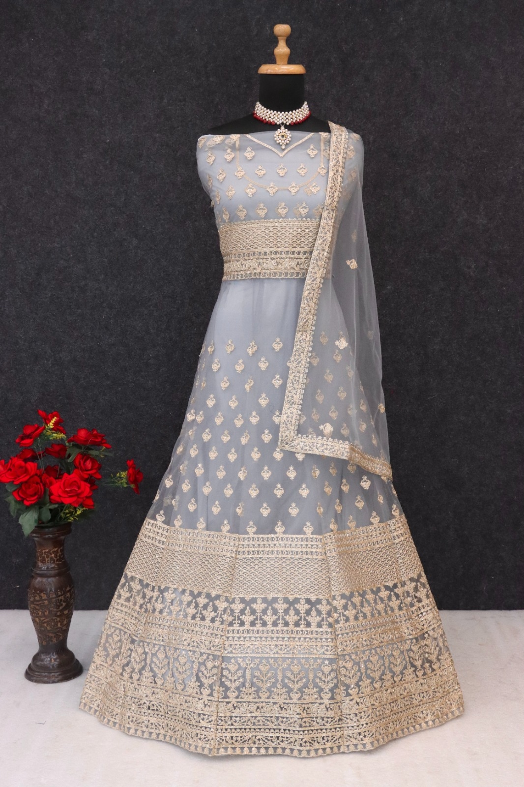 Grey Floral Embroidered Net Anarkali Suit