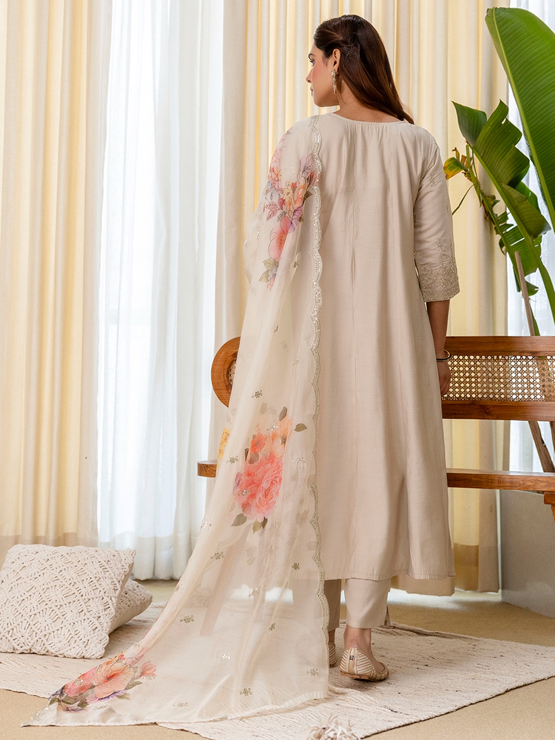 Grey Floral Embroidered Silk Blend Salwar Suit — alternate view