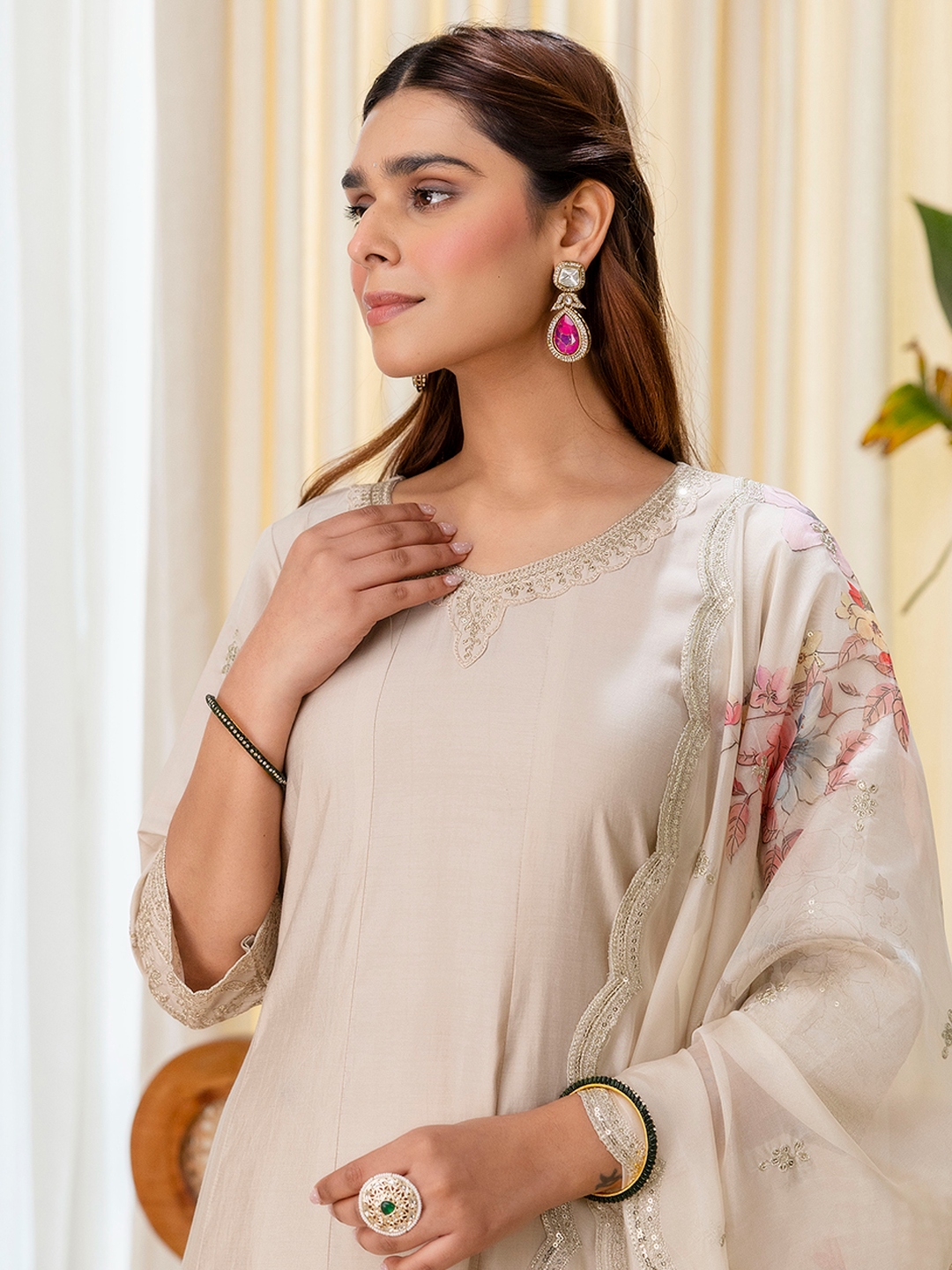 Grey Floral Embroidered Silk Blend Salwar Suit