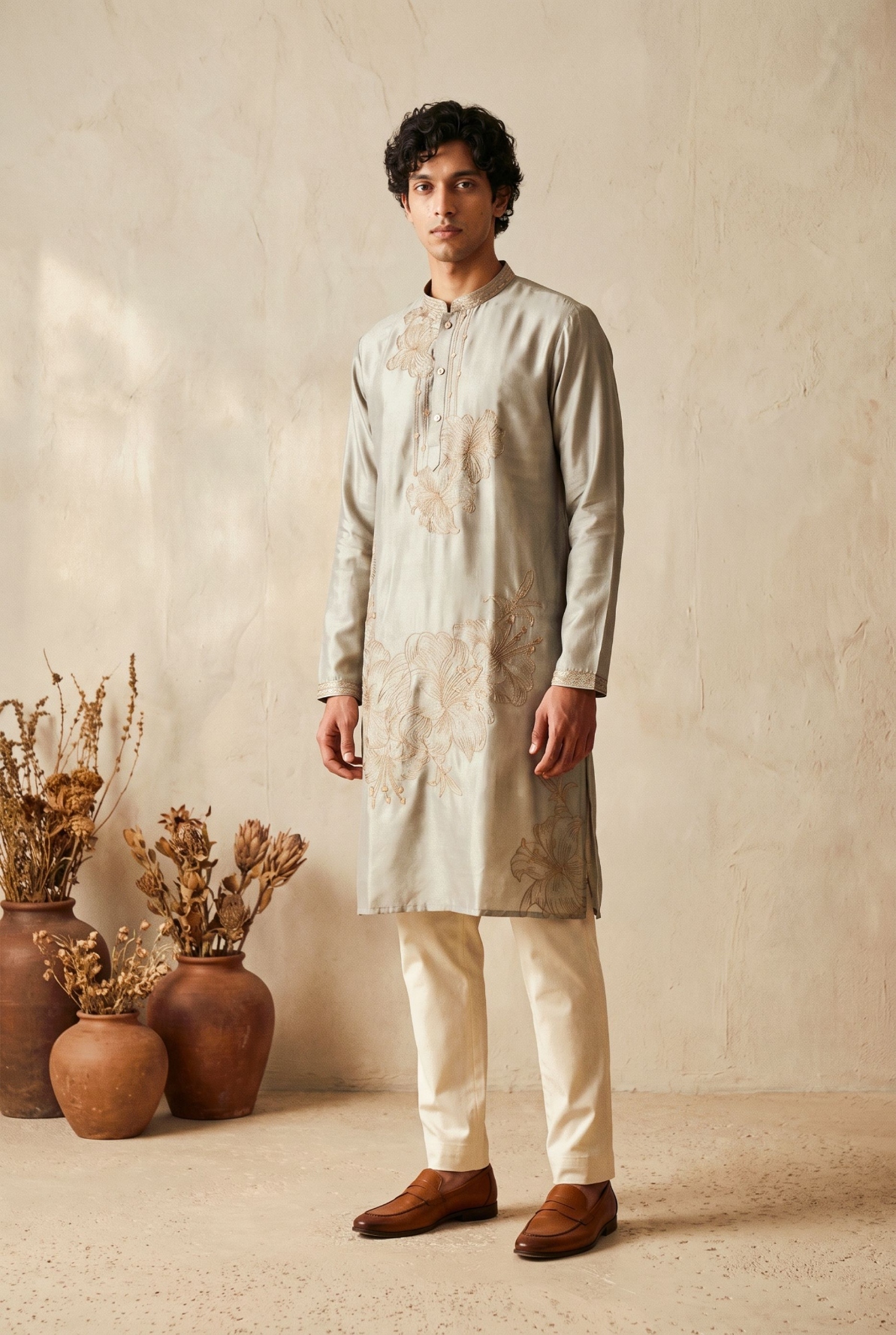 Grey Floral Embroidery Silk Kurta Pyjama