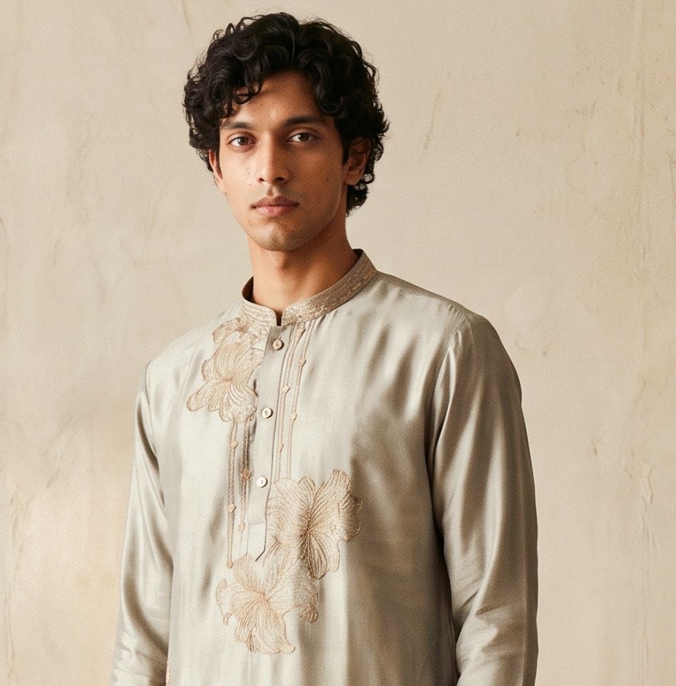 Grey Floral Embroidery Silk Kurta Pyjama — alternate view
