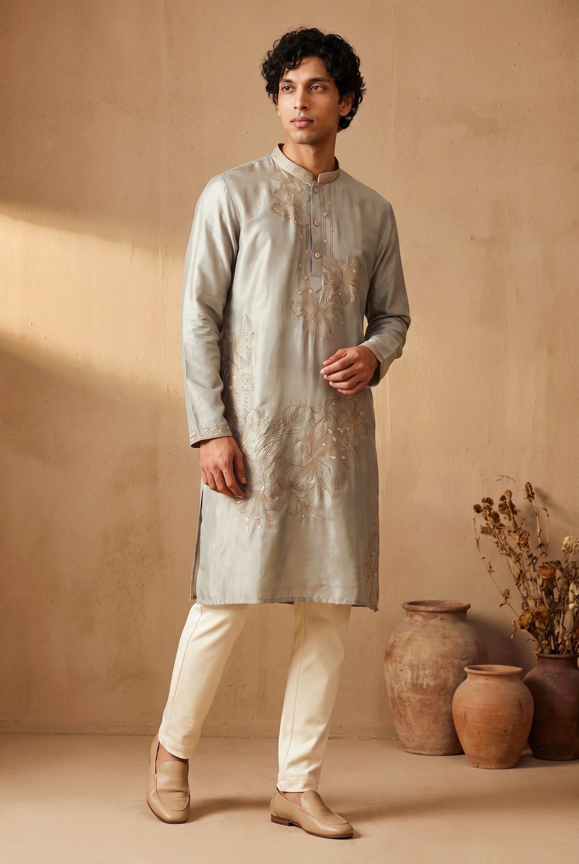 Grey Floral Embroidery Silk Kurta Pyjama