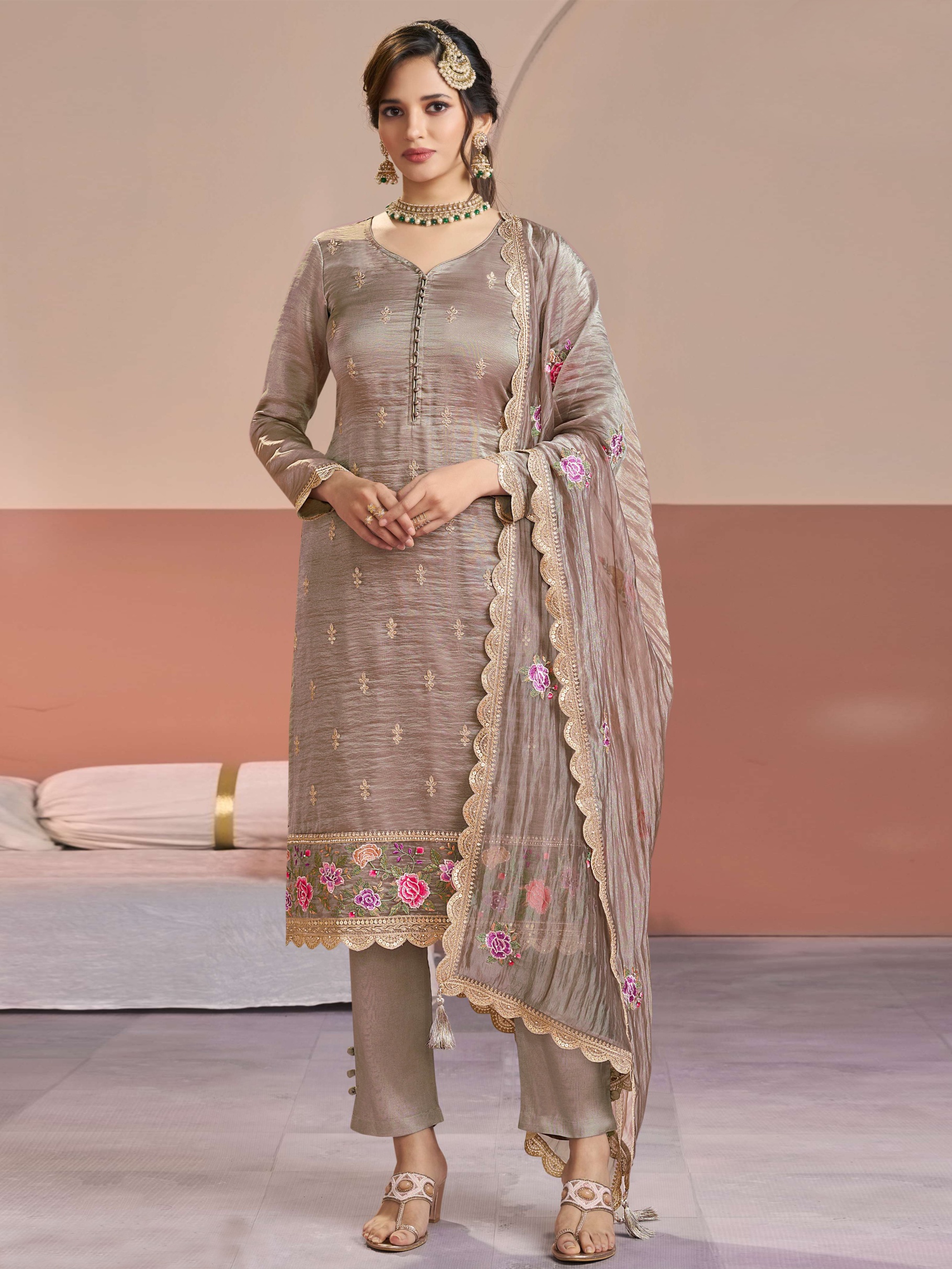 Grey Floral Embroidery Silk Salwar Suit