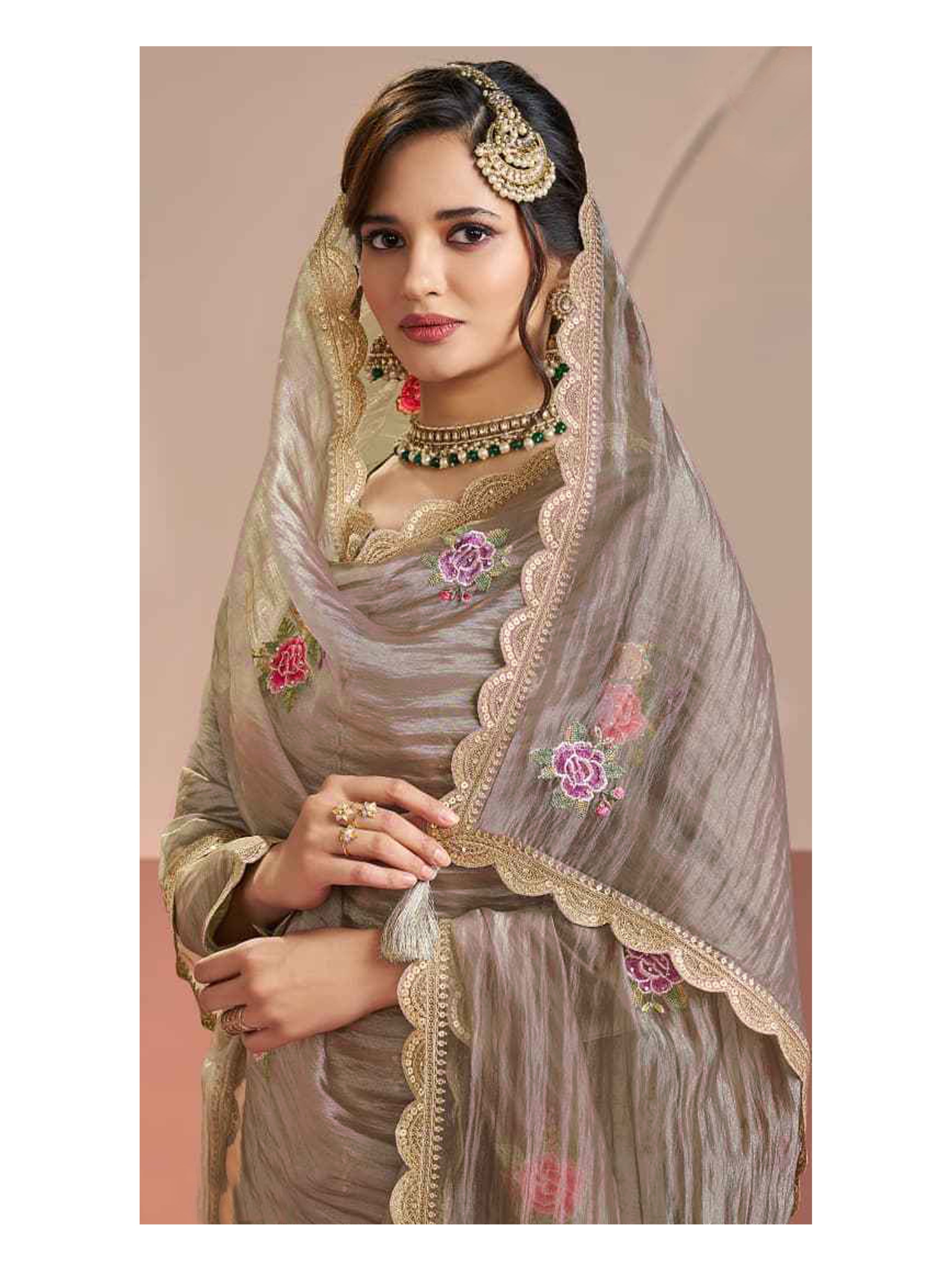 Grey Floral Embroidery Silk Salwar Suit