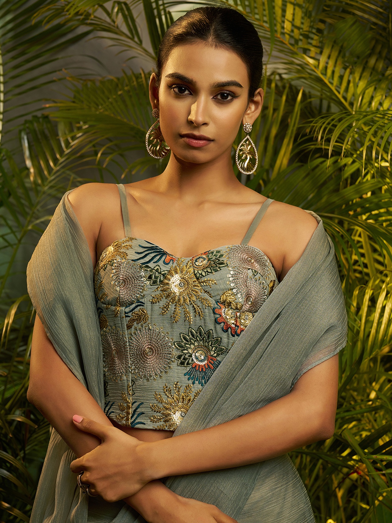 Grey Floral Embroidery Tissue Ready To Wear Saree