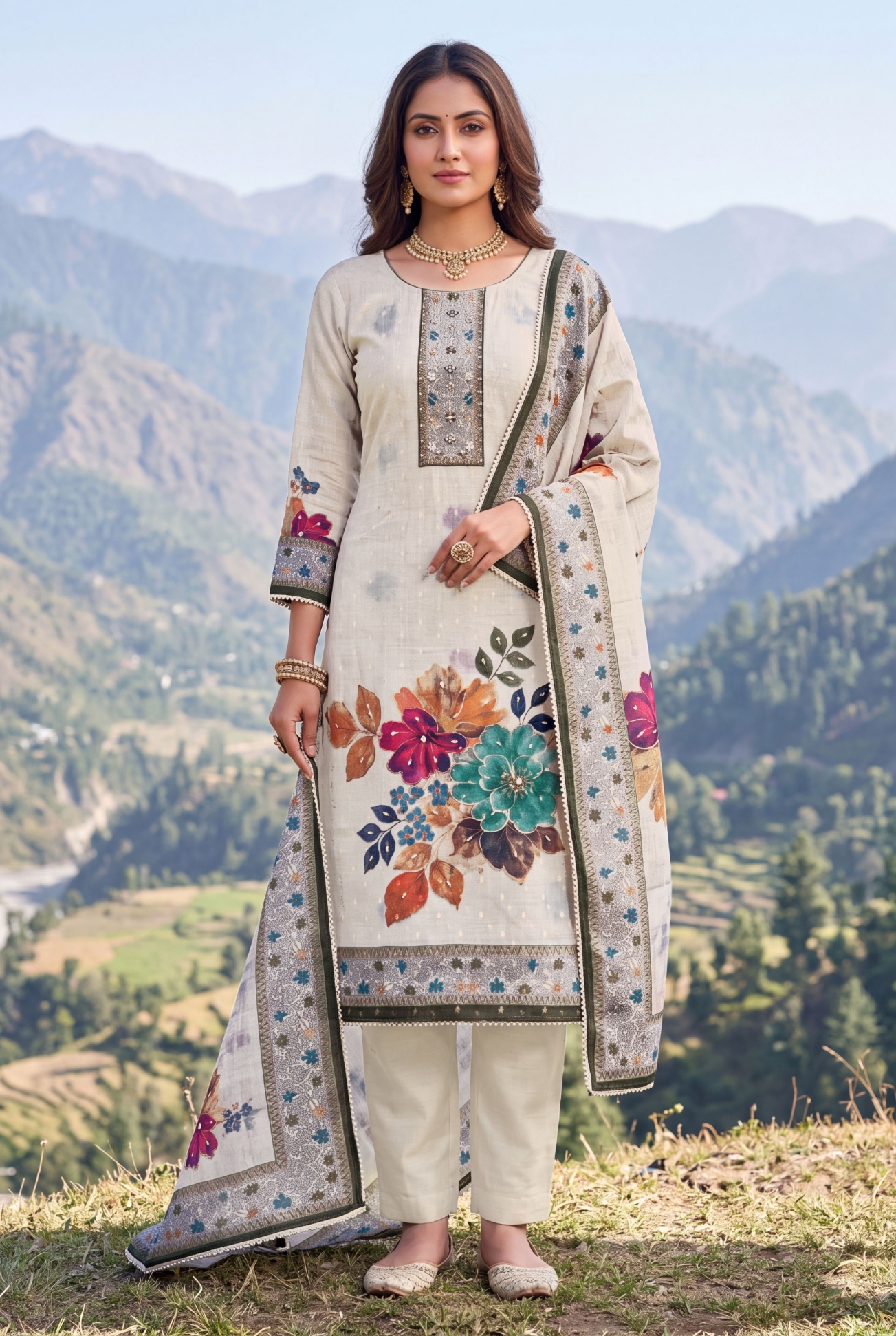 Grey Floral Hand Work Modal Cotton Salwar Suit