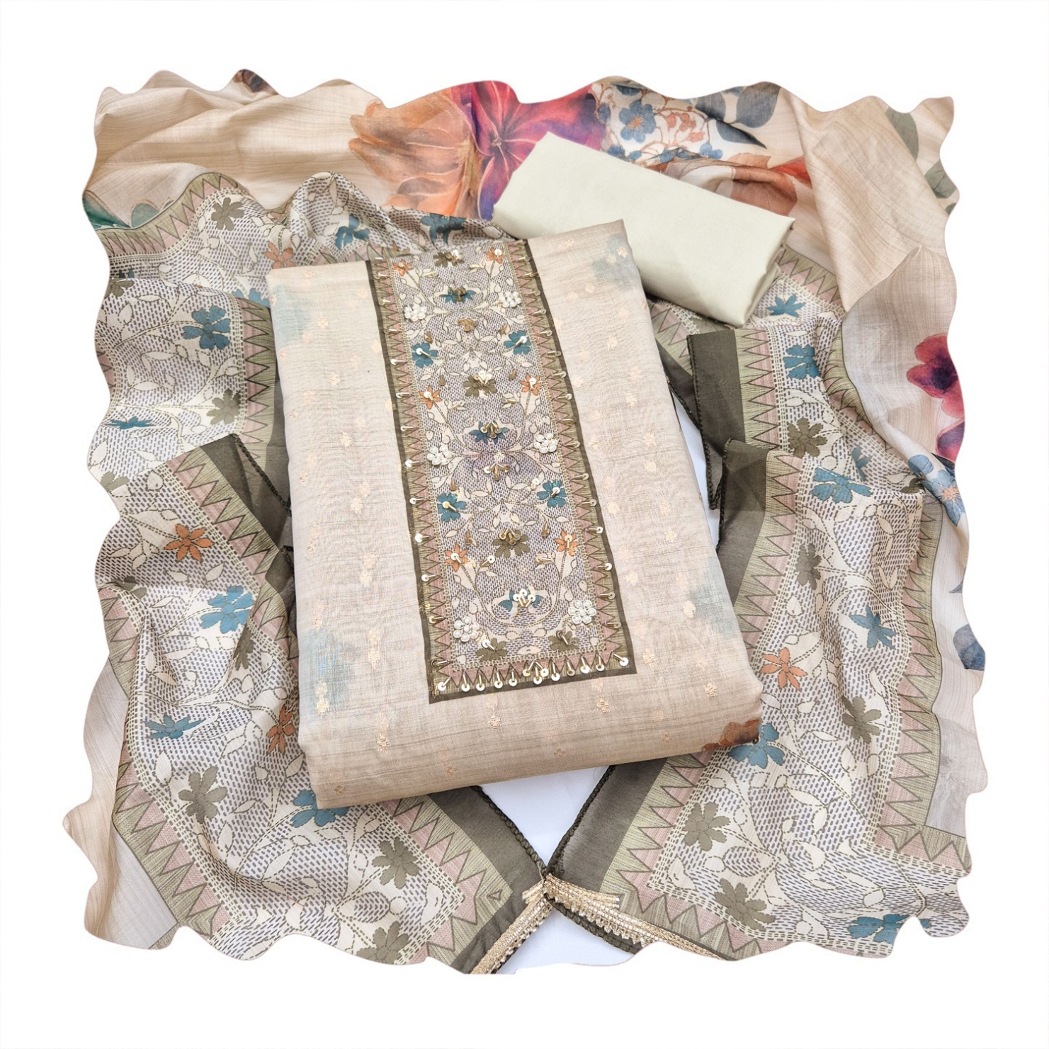 Grey Floral Hand Work Modal Cotton Salwar Suit — alternate view