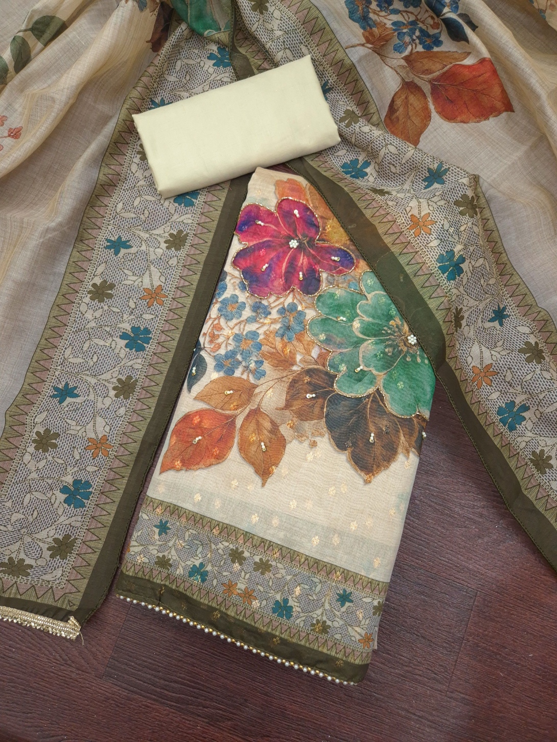 Grey Floral Hand Work Modal Cotton Salwar Suit
