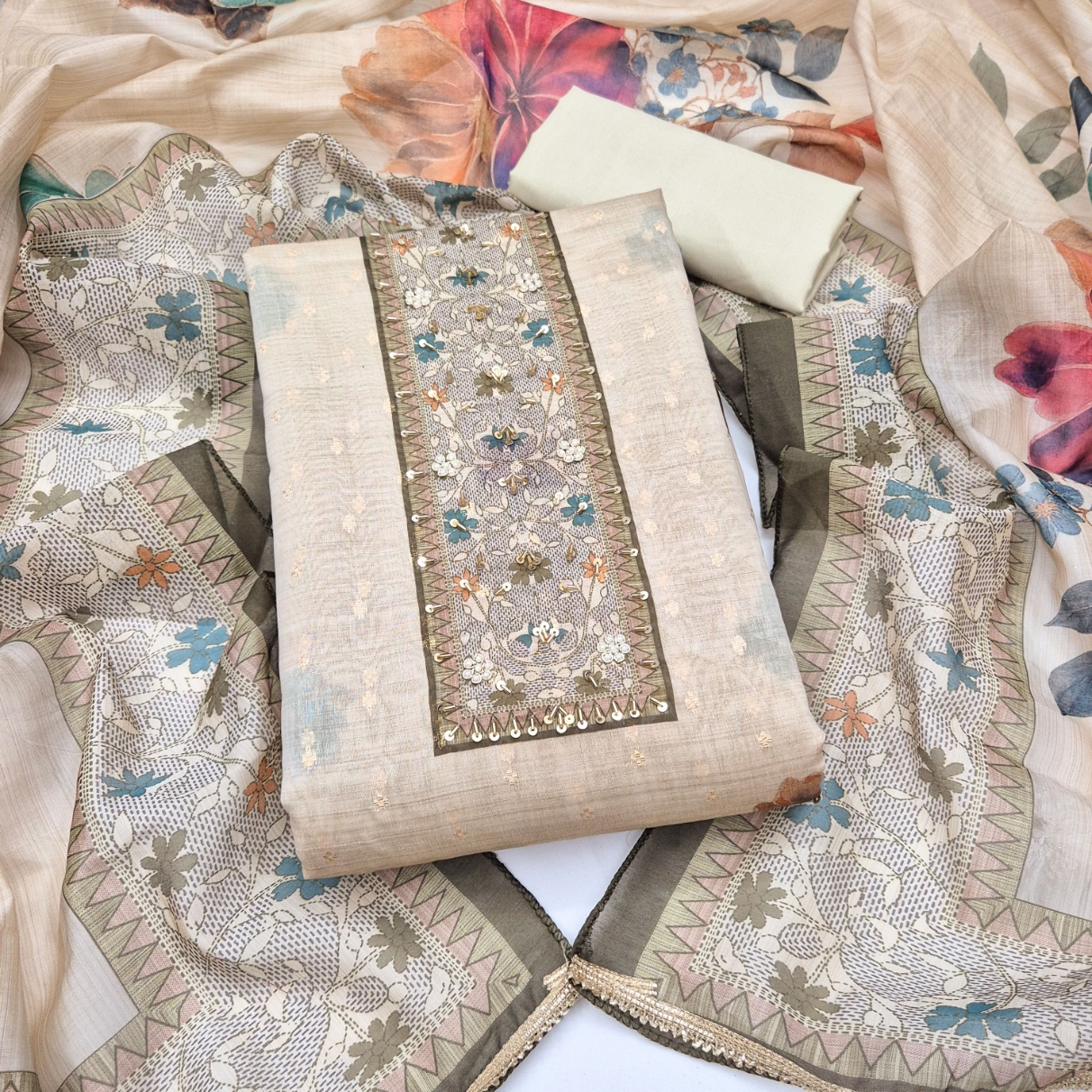Grey Floral Hand Work Modal Cotton Salwar Suit