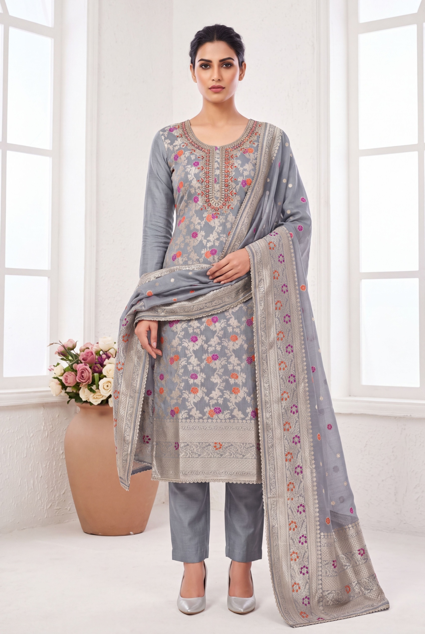 Grey Floral Handwork Banarasi Cotton Straight Suit