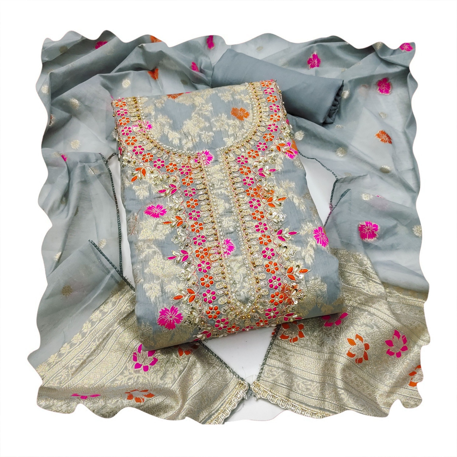 Grey Floral Handwork Banarasi Cotton Straight Suit — alternate view